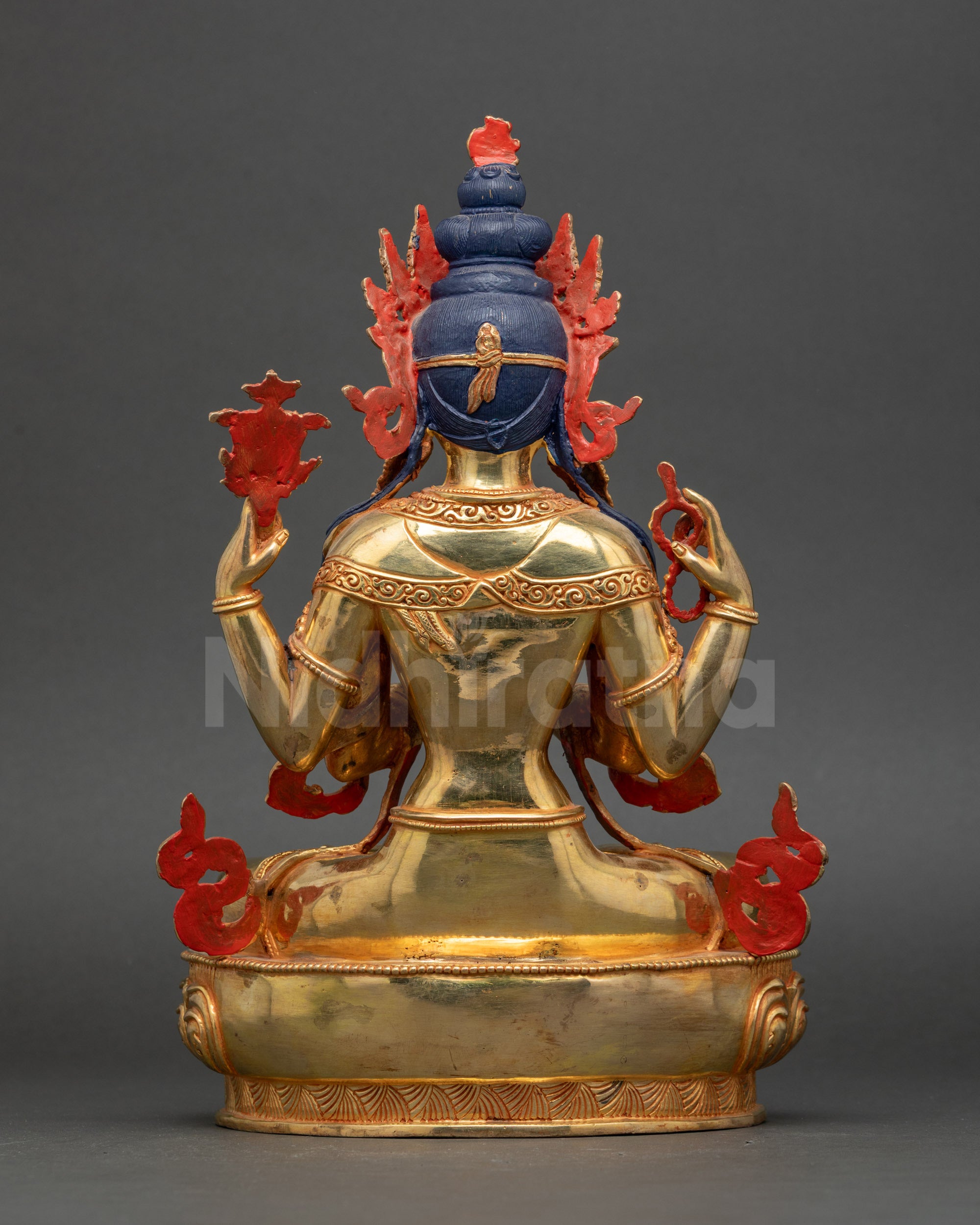 Back view Chenrezig statue Newari craftsmanship gold-gilded copper Nepal