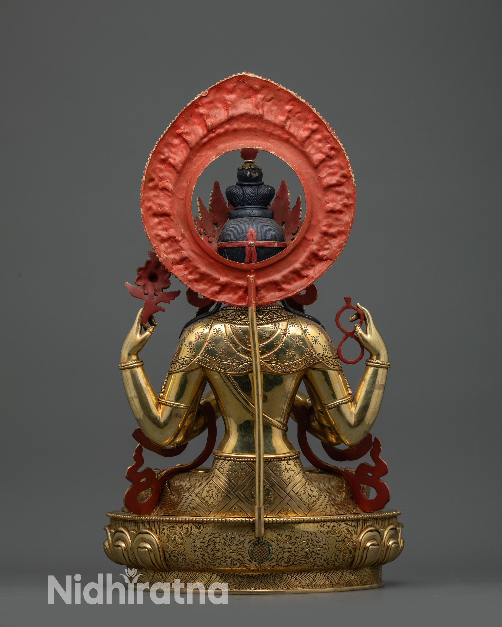 Back view Chenrezig statue showing detailed carvings and gold-gilded craftsmanship