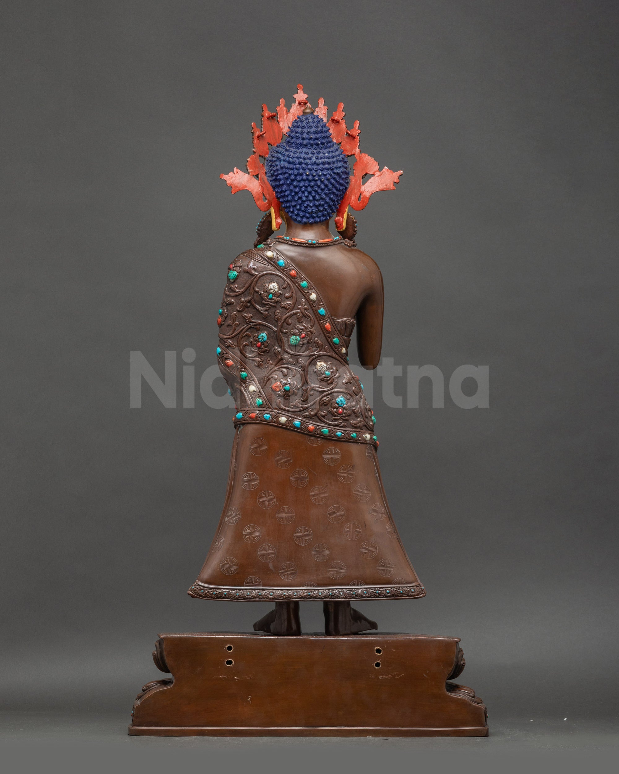 Back view Dipankara Buddha statue handcrafted oxidized copper, Nepal Buddhist decor