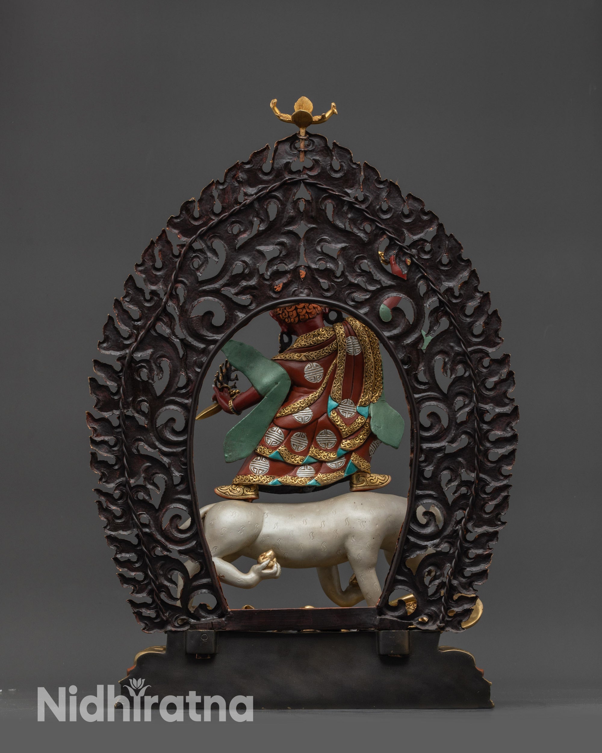 Back view Dorje Drolo statue showing carved robe, halo, and fine details