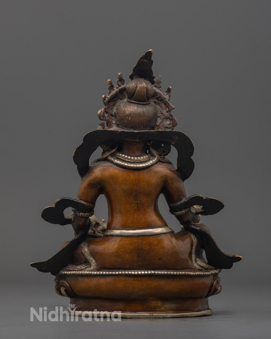Back view Dzambhala Mantra Sculpture sacred lost wax casting oxidized copper silver tone