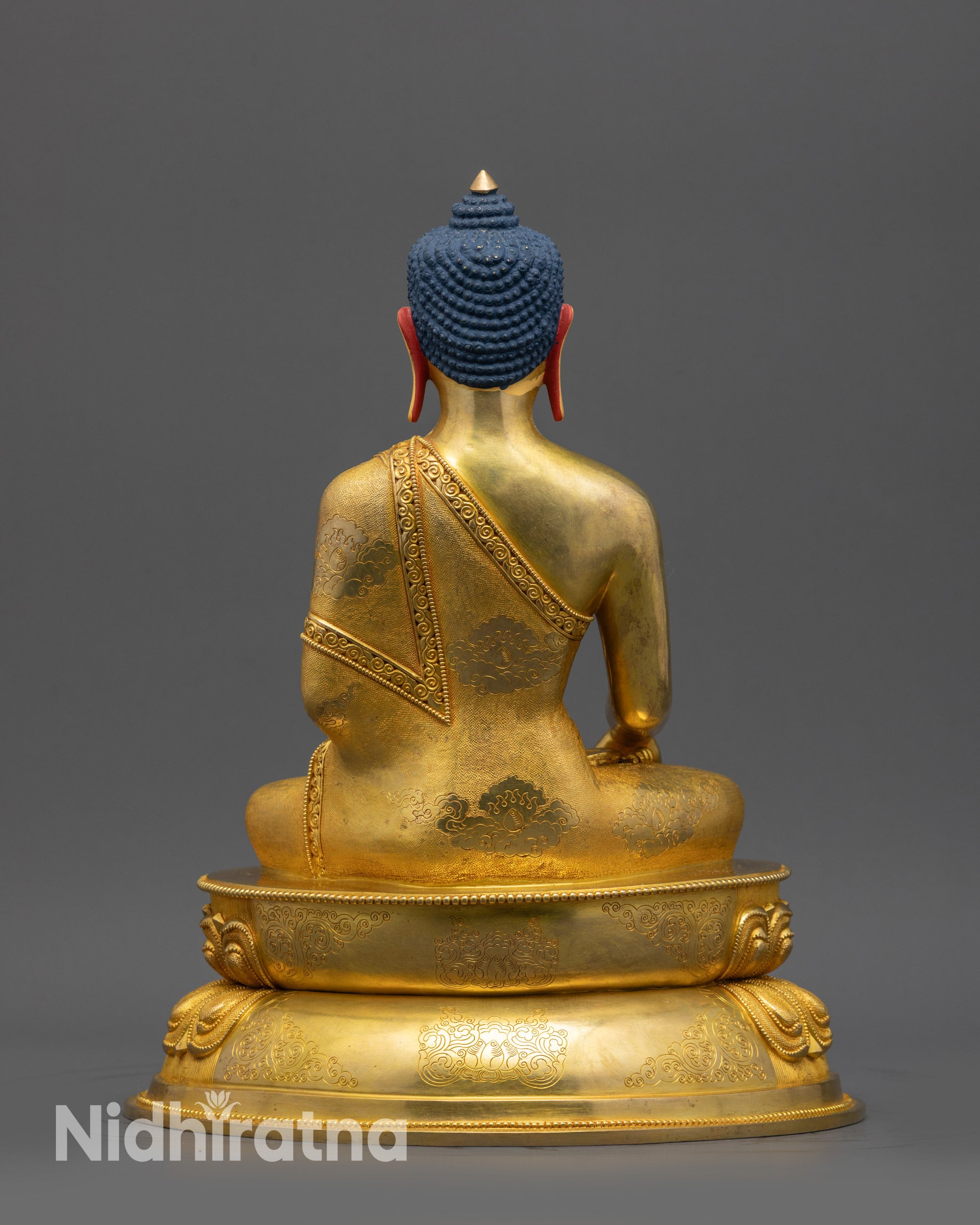 Back view Gold fire-gilded copper Buddha Statue with detailed robe carvings from Nepal