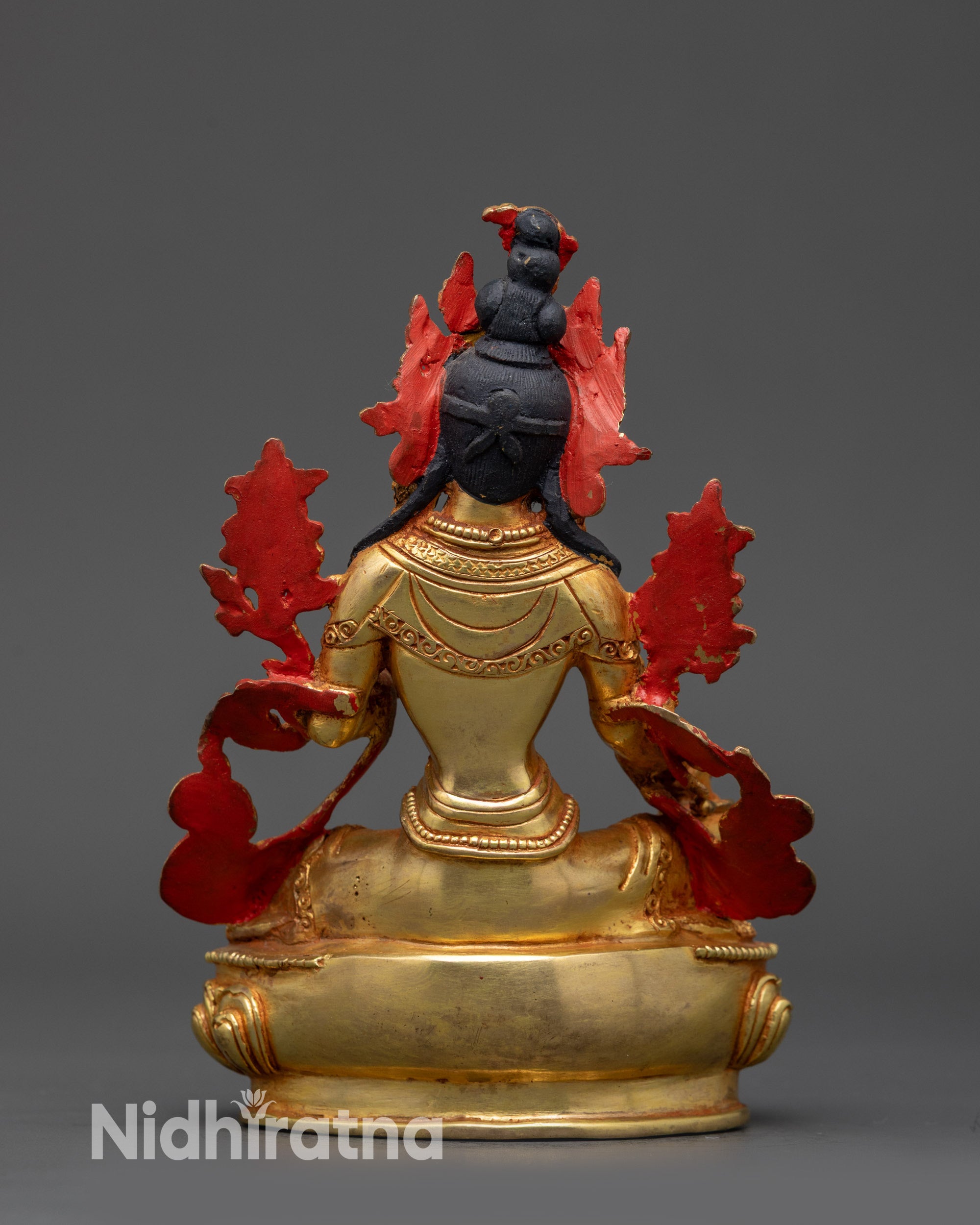 Back view Green Tara Sculpture handcrafted lotus throne with flowing robes and jewelry