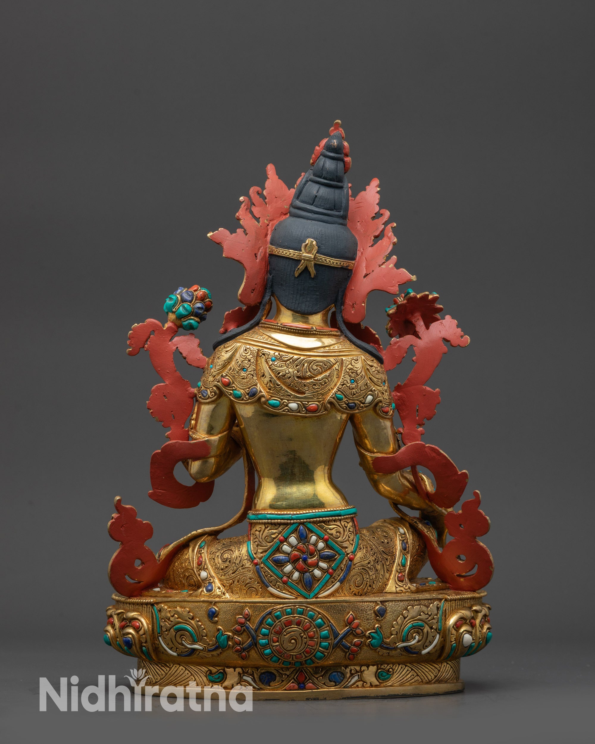 Back view Green Tara Statue displaying lotus seat, intricate details, and gold-gilded finish