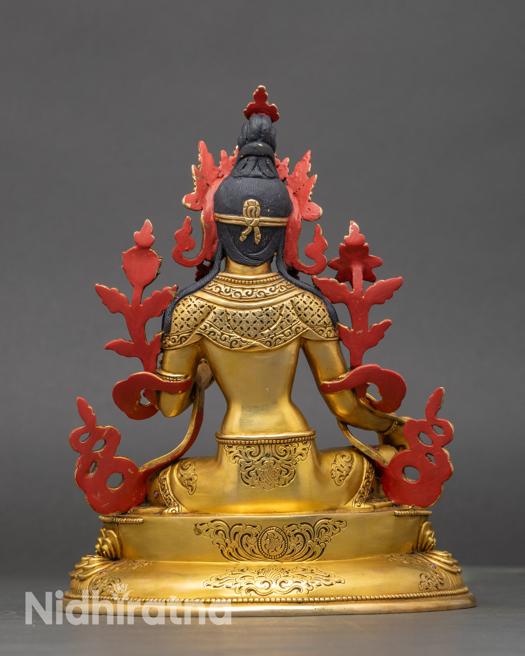 Back view Green Tara copper sculpture with engraved carving details