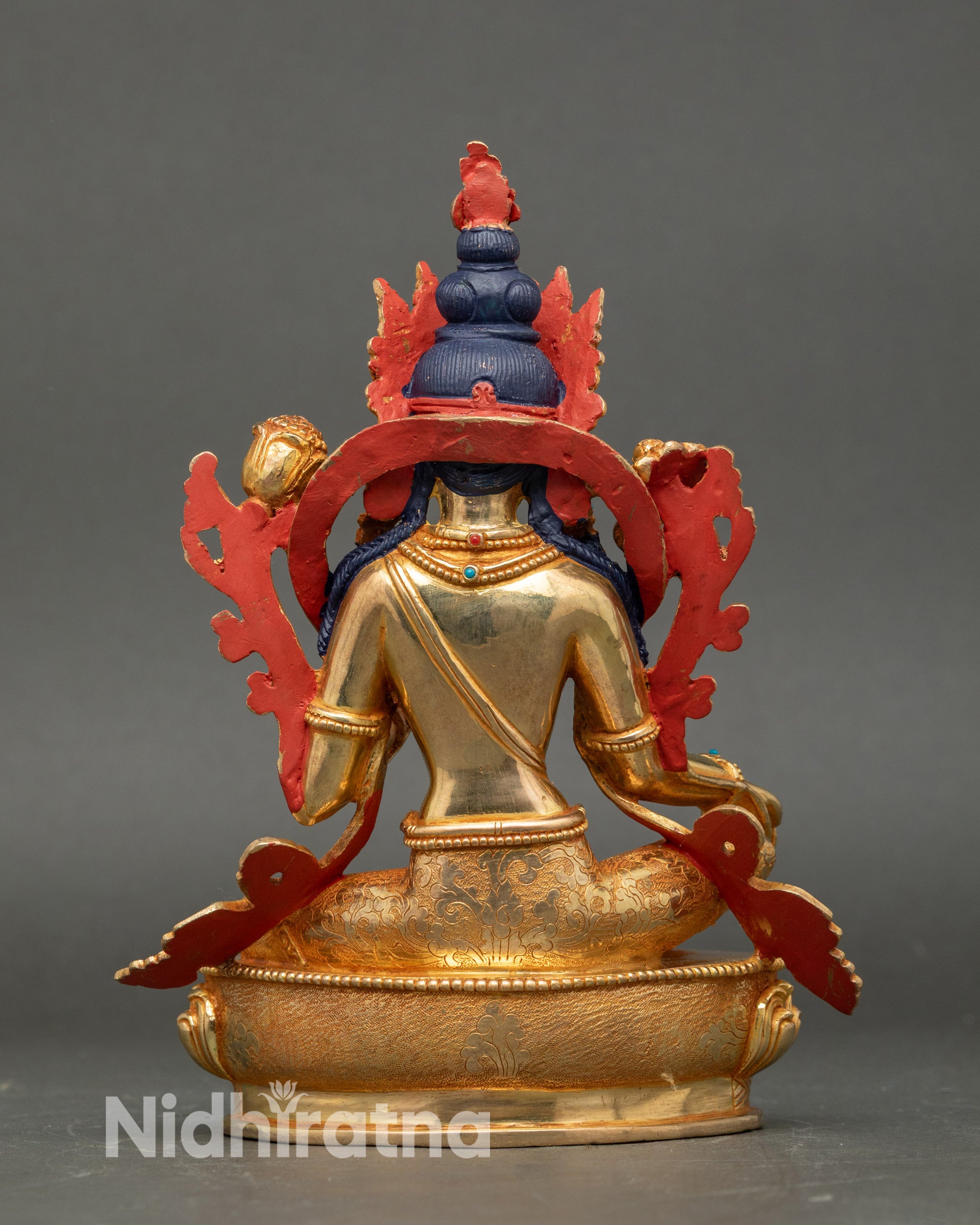 Back view Green Tara statue handmade by Newari artisan gold-gilded Buddhist sacred decor