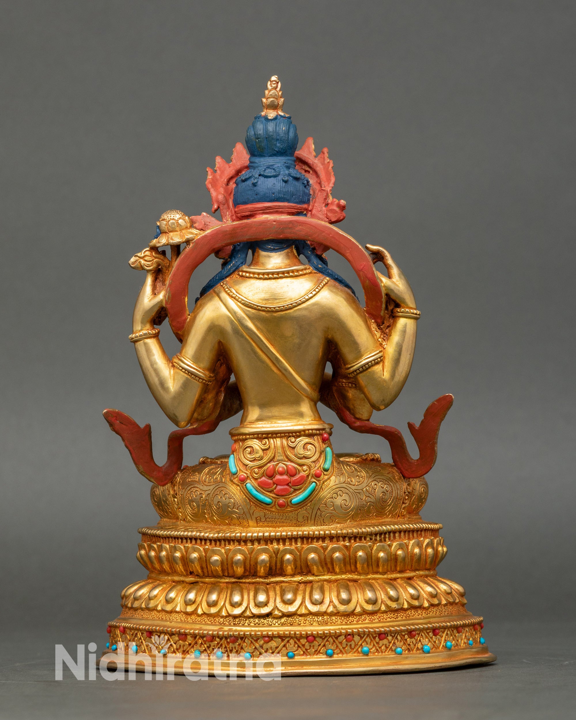 Back view Green Tara statue, lotus throne with semi-precious stones, sacred Buddhist décor