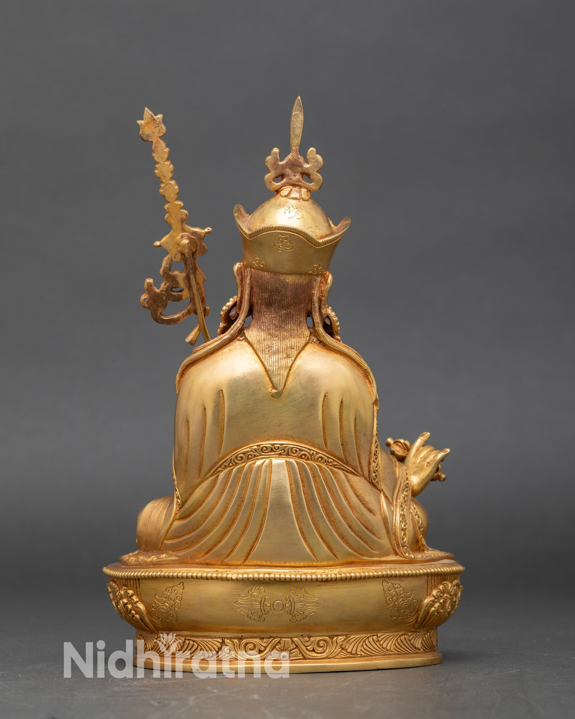 Back view Guru Rinpoche statue, handmade Nepalese Buddhist lotus pedestal sculpture