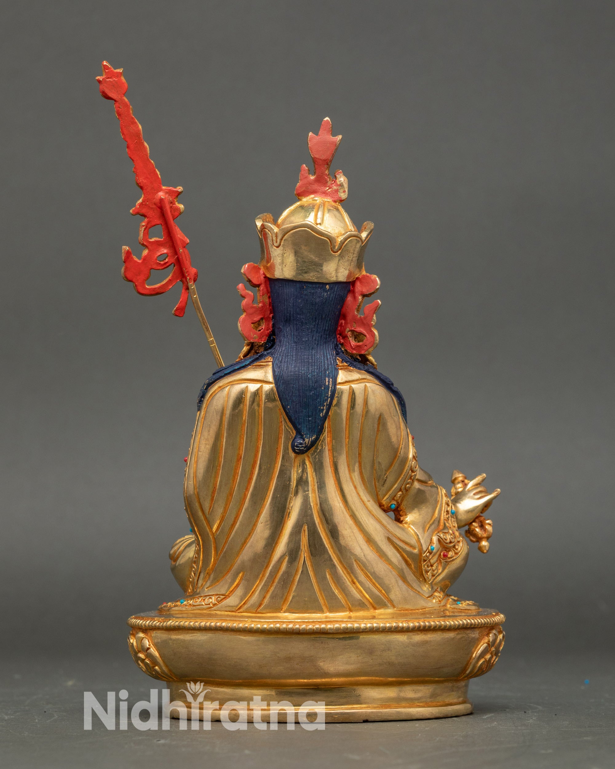 Back view Guru Rinpoche statue handmade by Newari artisan gold-gilded Buddhist decor