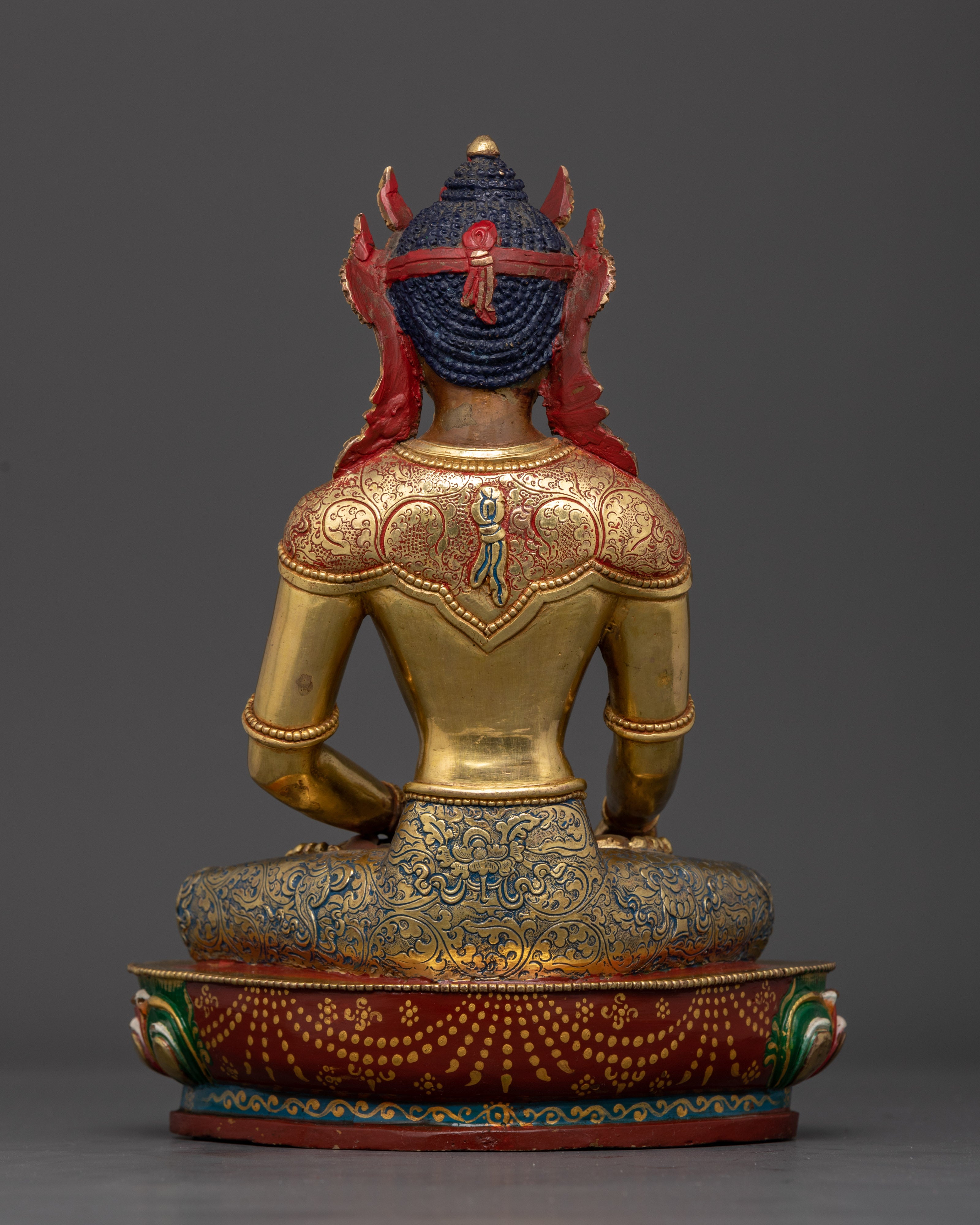 Back view Himalayan Buddhist copper statue intricate design craftsmanship