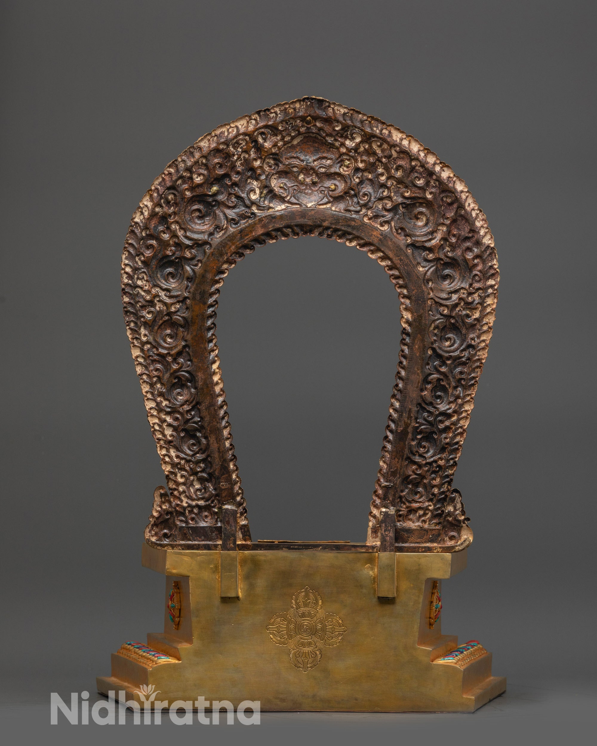 Back view Himalayan artisan crafted throne for elevating deity statues with elegance