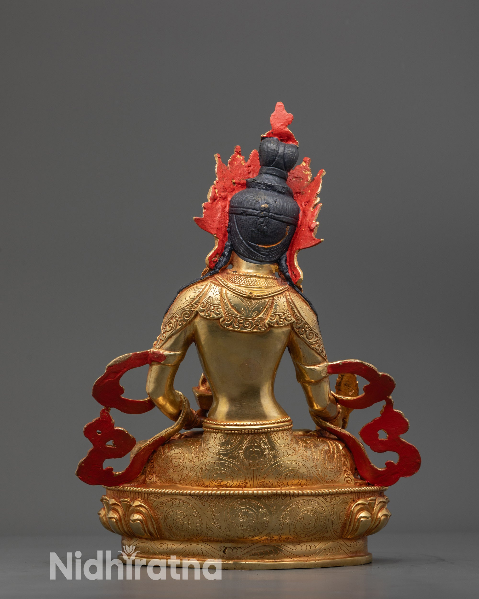 Back view Ksitigarbha Statue highlighting fully carved robes and gold-fire crown