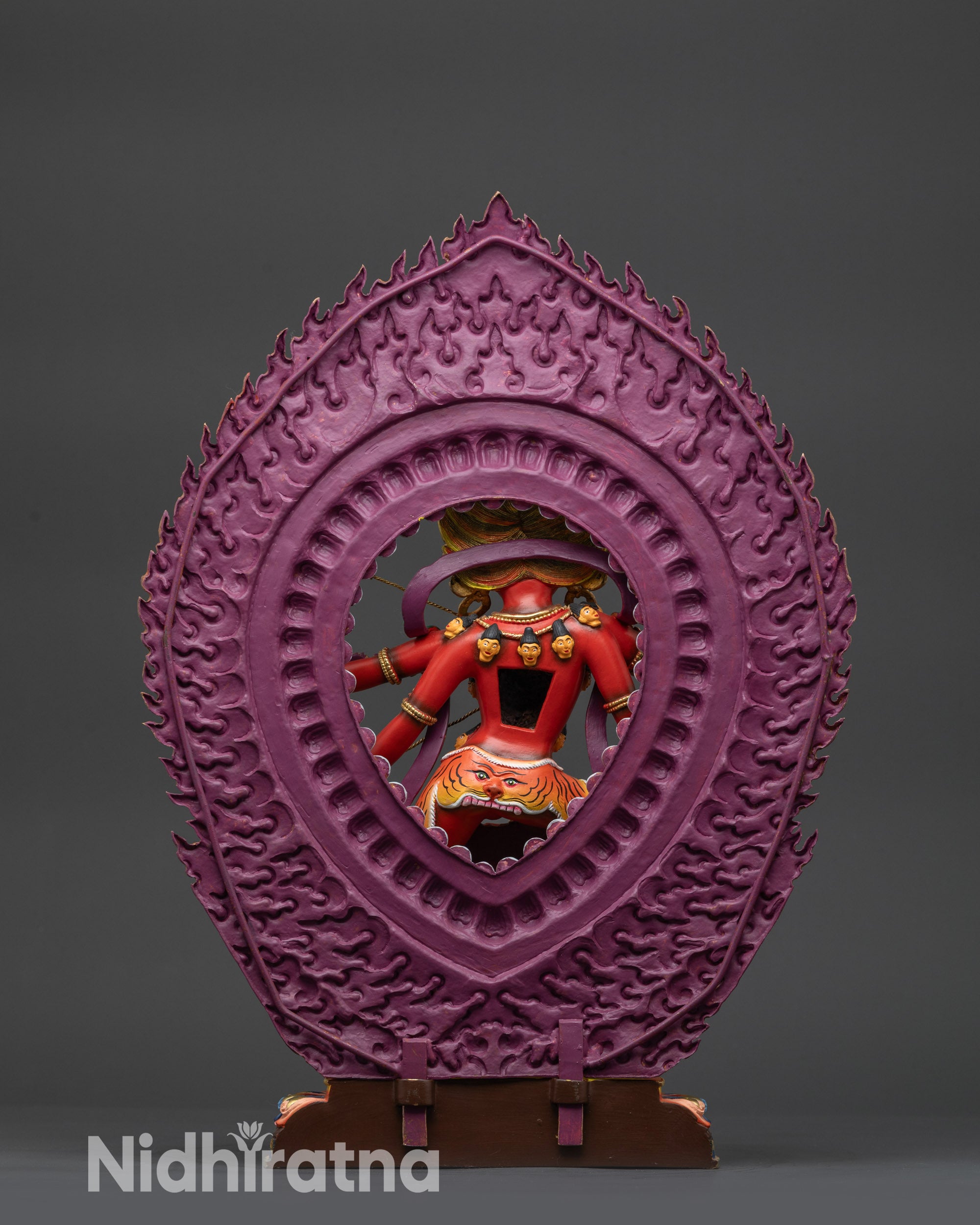 Back view Kurukulla Statue with gold-fire gilded blazing halo and intricate carvings