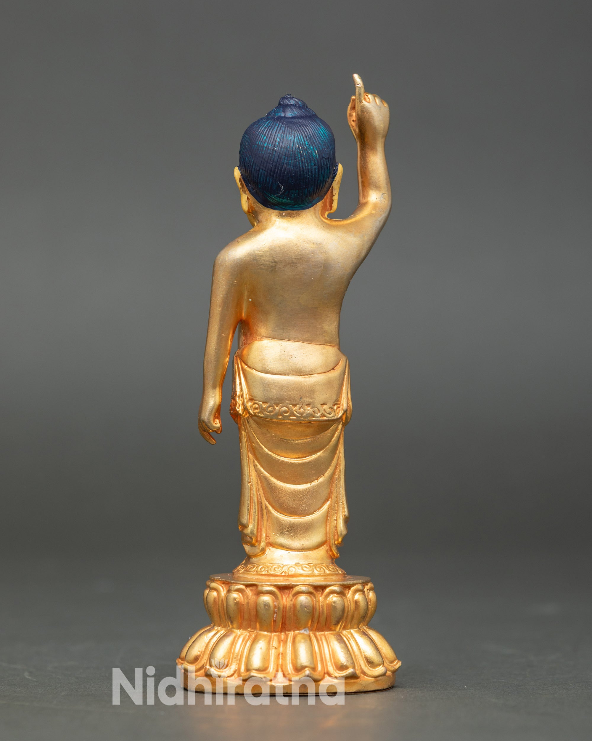 Back view Littel Buddha statue handcrafted by a Newari artisan, 24k gold gilded Buddhist decor