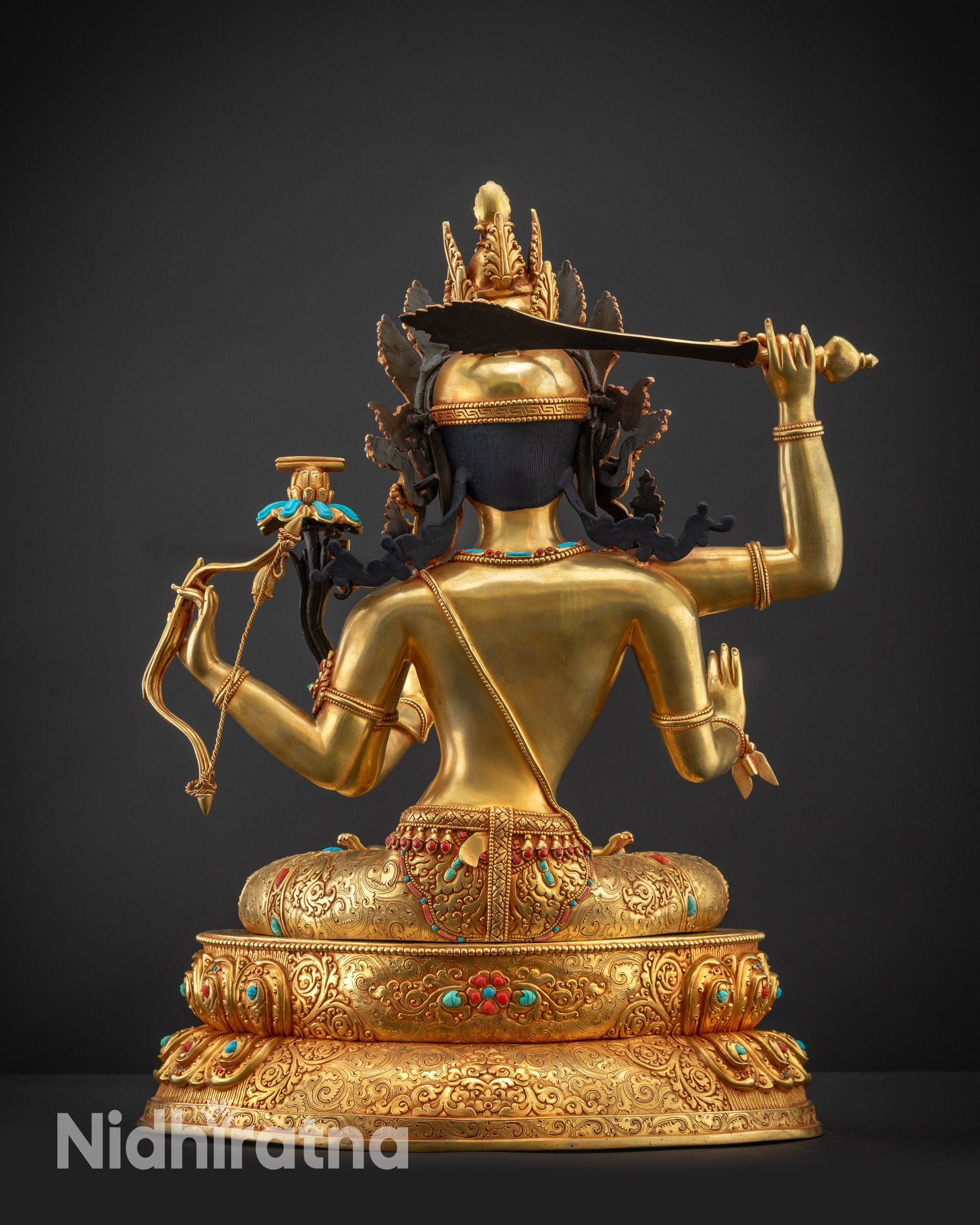 Back view Maha Manjushri Statue double layered lotus pedestal and robe with intricate carvings