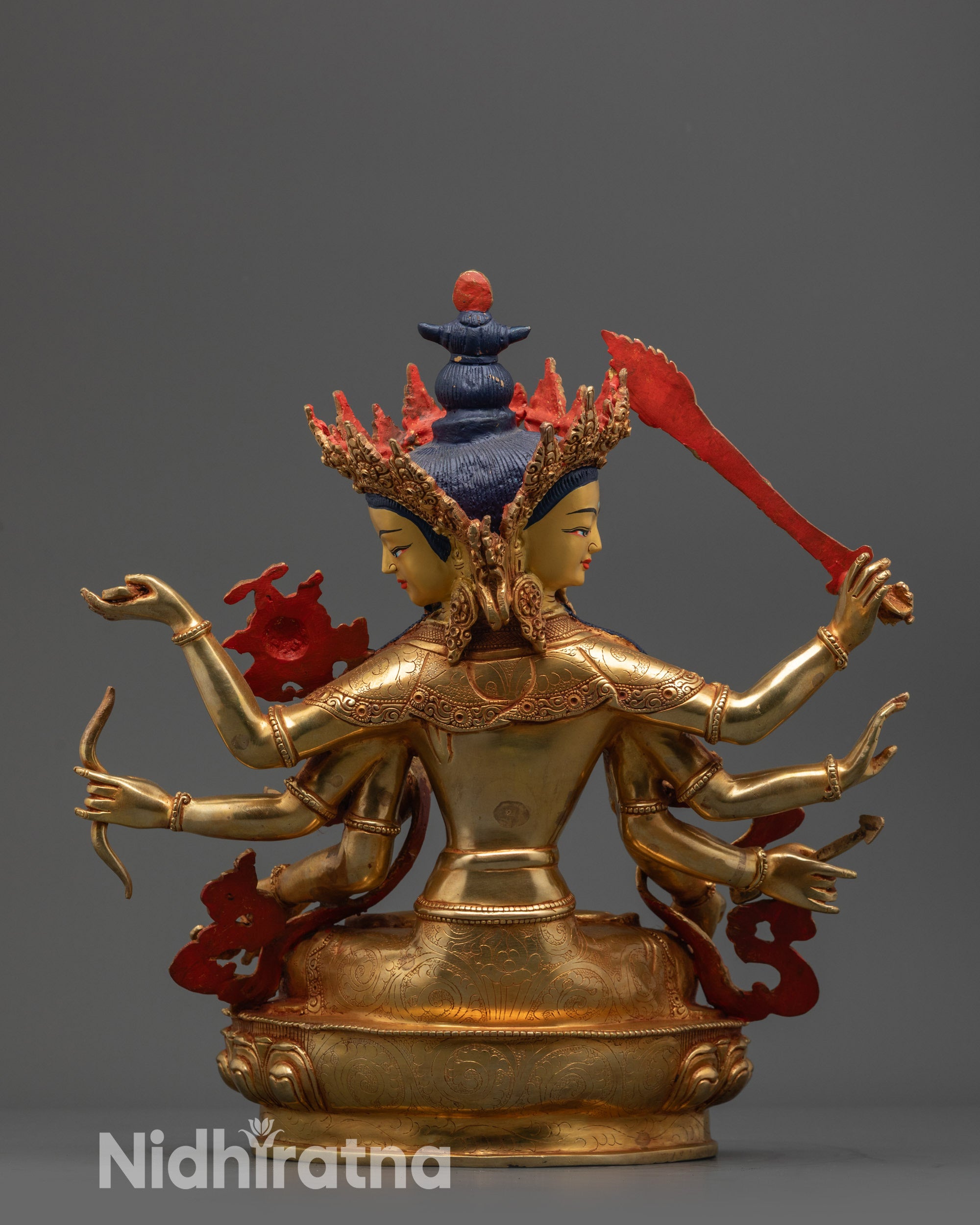 Back view Maha Manjushri Statue highlighting detailed carvings and sacred Tibetan design