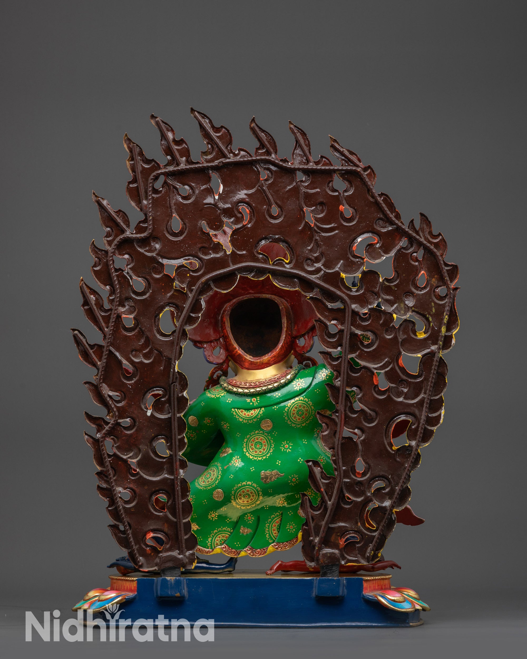 Back view Mahakala Statue with blazing halo and intricate lotus base carving