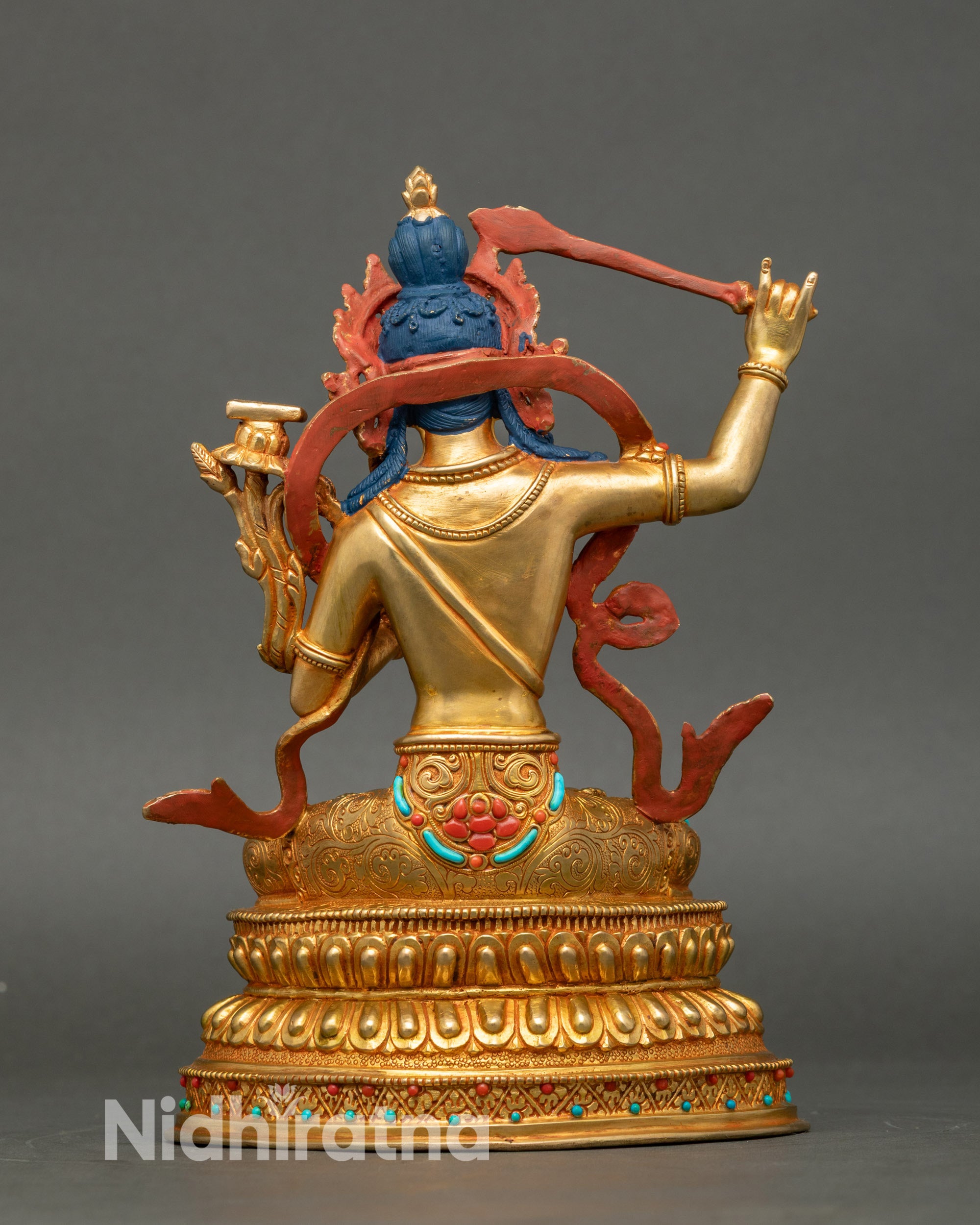 Back view Manjushree statue copper body gold finish, handcrafted Himalayan Buddhist art