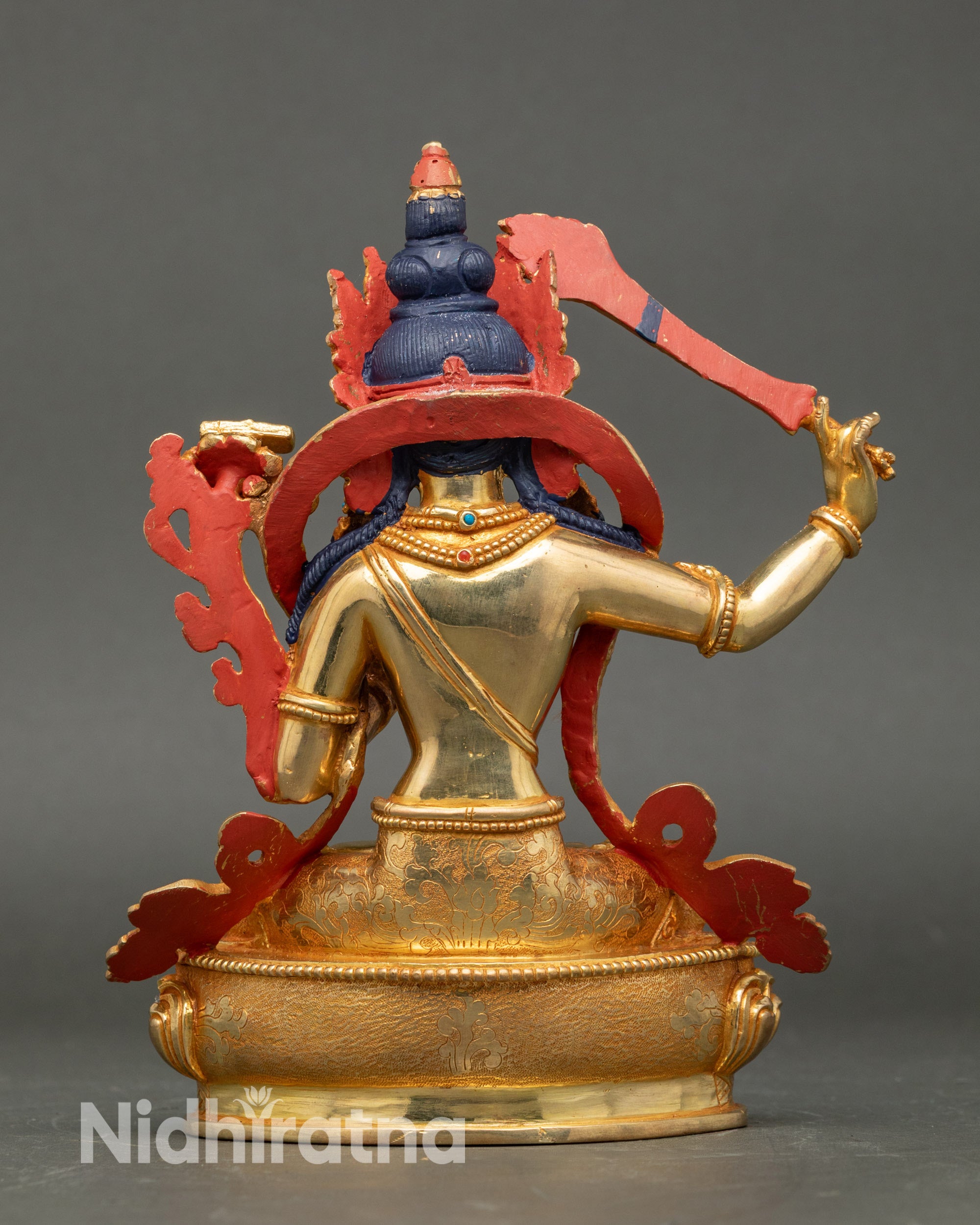 Back view Manjushri statue handcrafted by Newari artisan gold-gilded Buddhist sculpture
