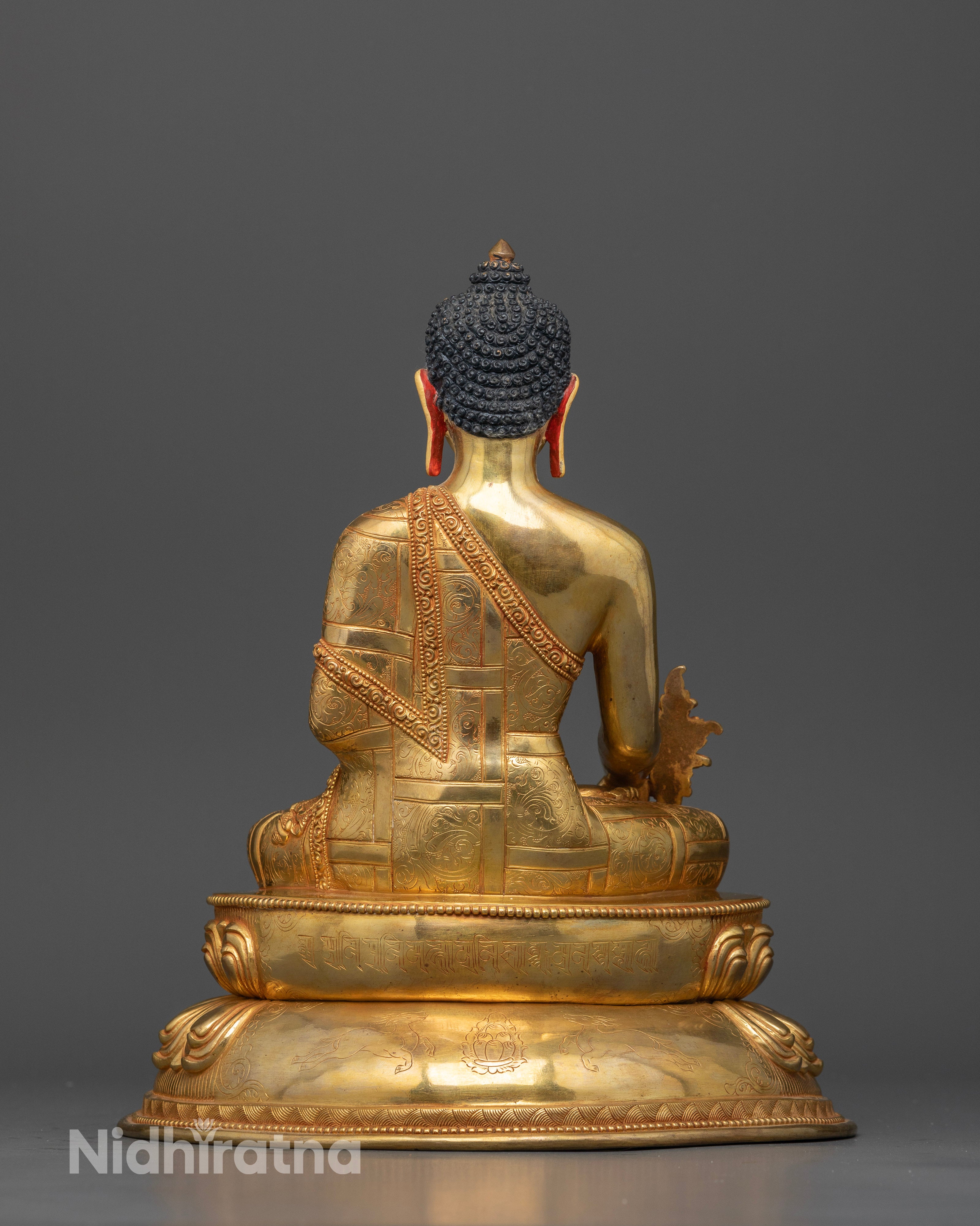 Back view Medicine Buddha sculpture double lotus throne intricate patterns spiritual art