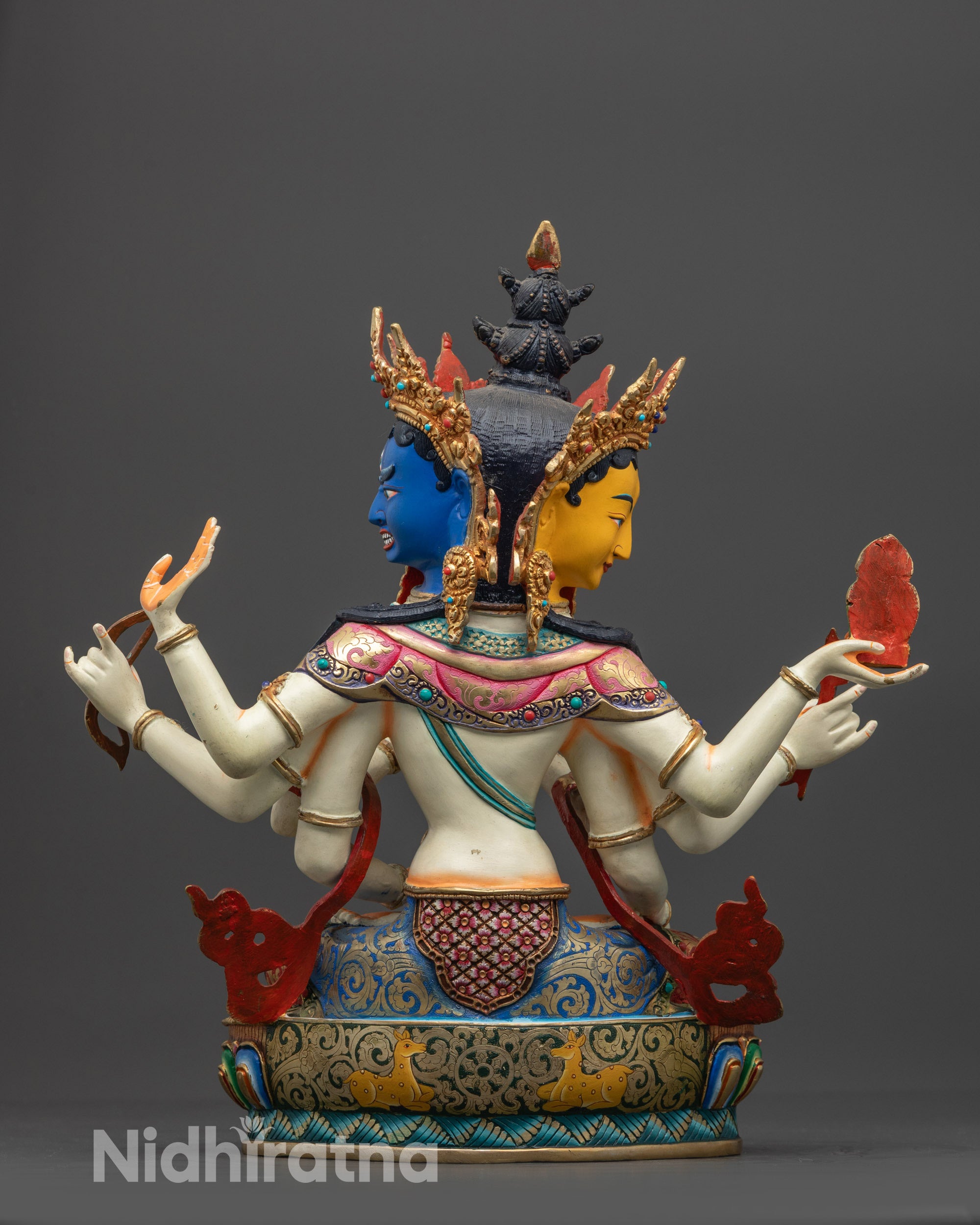 Back view Namgyalma Statue highlighting detailed robe patterns and gold-plated ornaments
