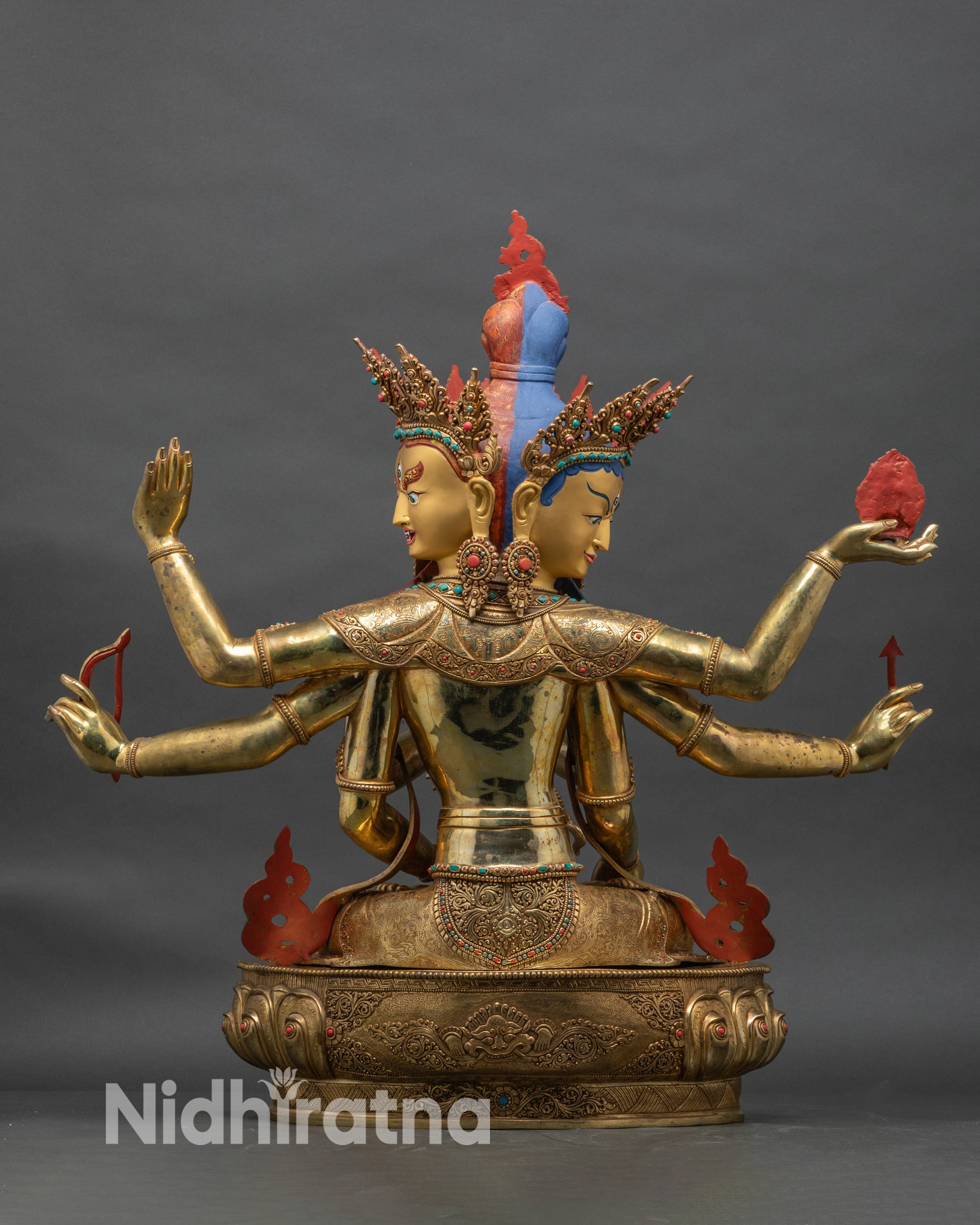 Back view Namgyalma gold fire-gilded lotus base handmade Himalayan sculpture