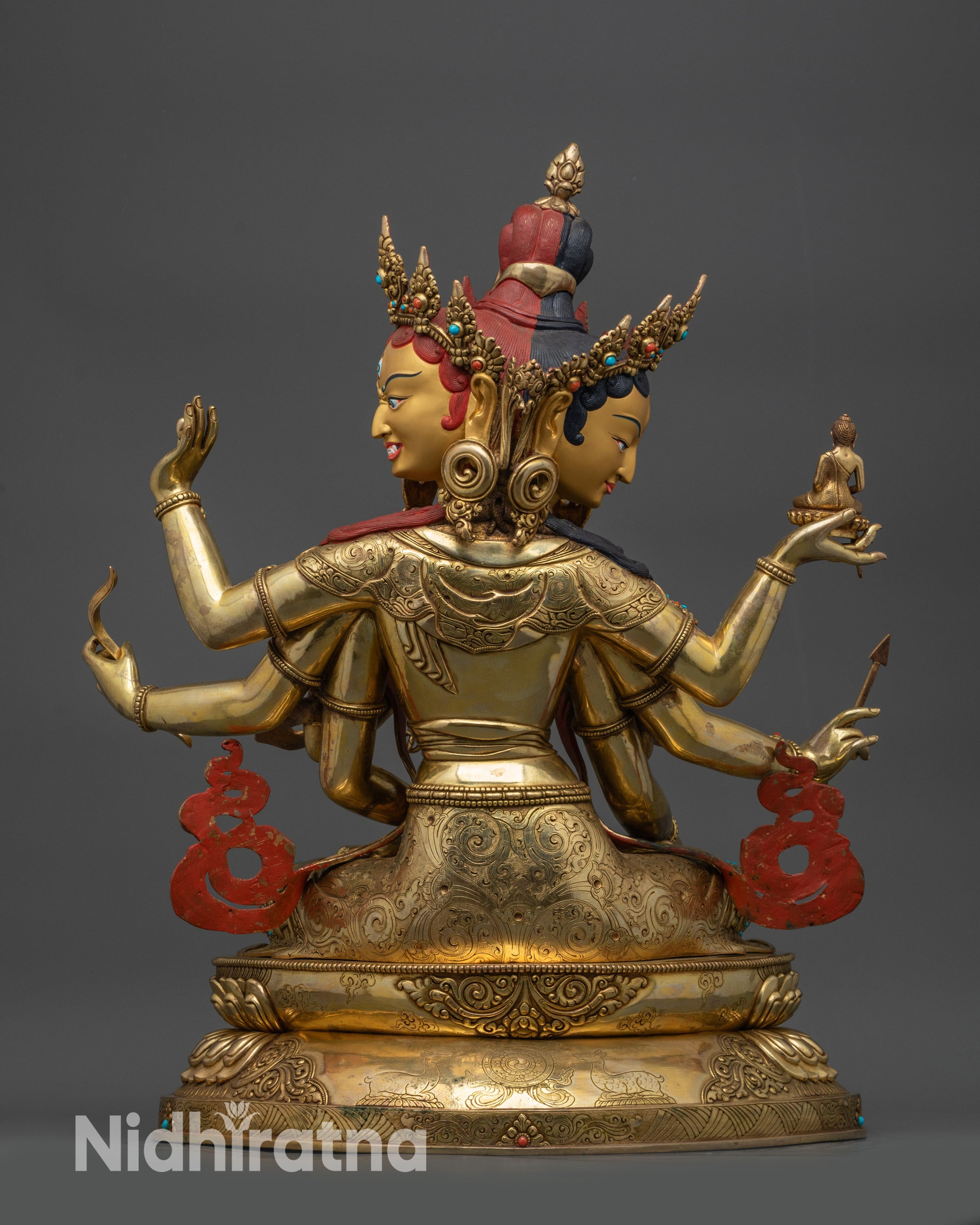 Back view Namgyalma showing carved lotus pedestal and intricate Nepalese craftsmanship