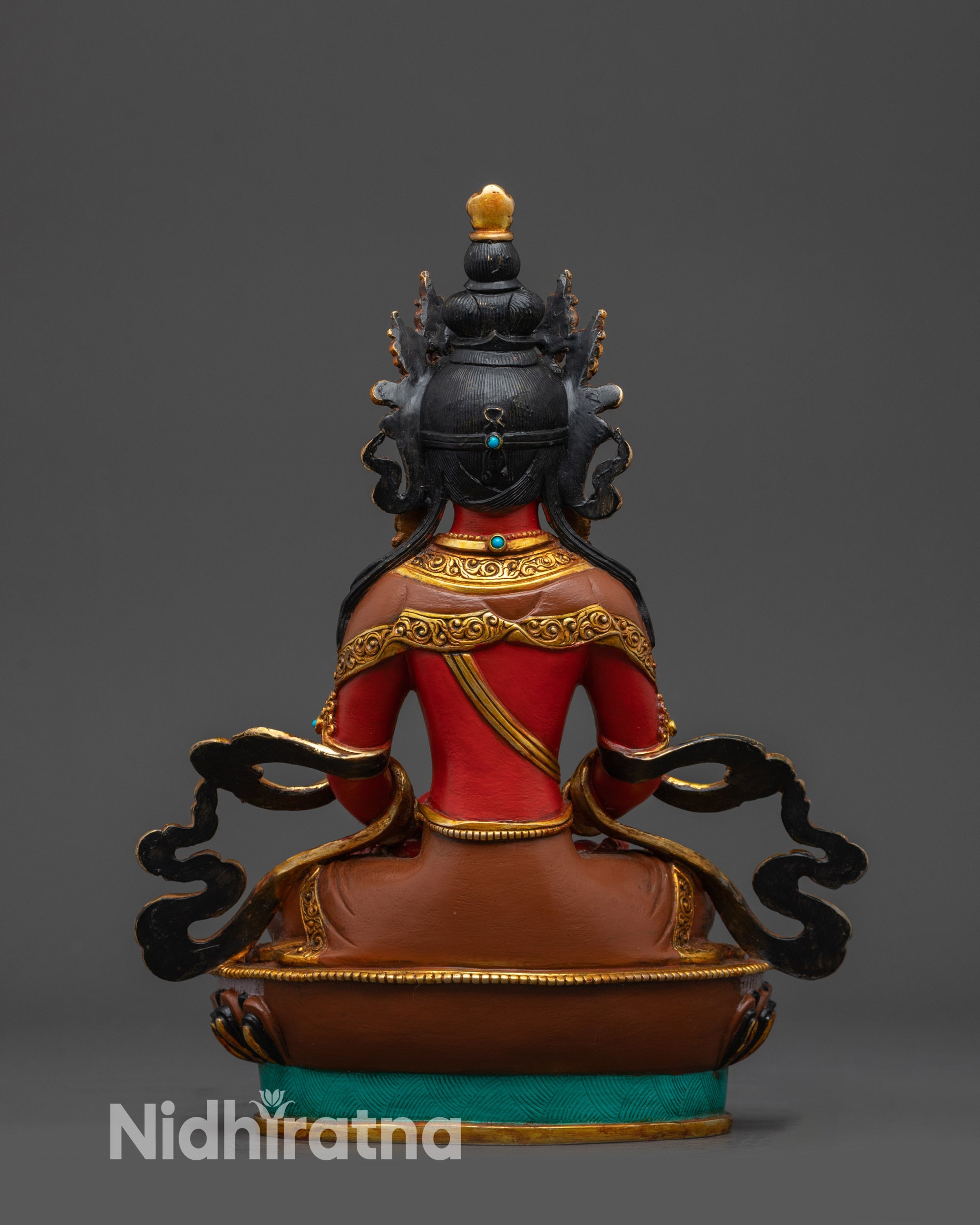 Back view Nepalese Amitayus Buddha statue back showing lotus pedestal and robe details