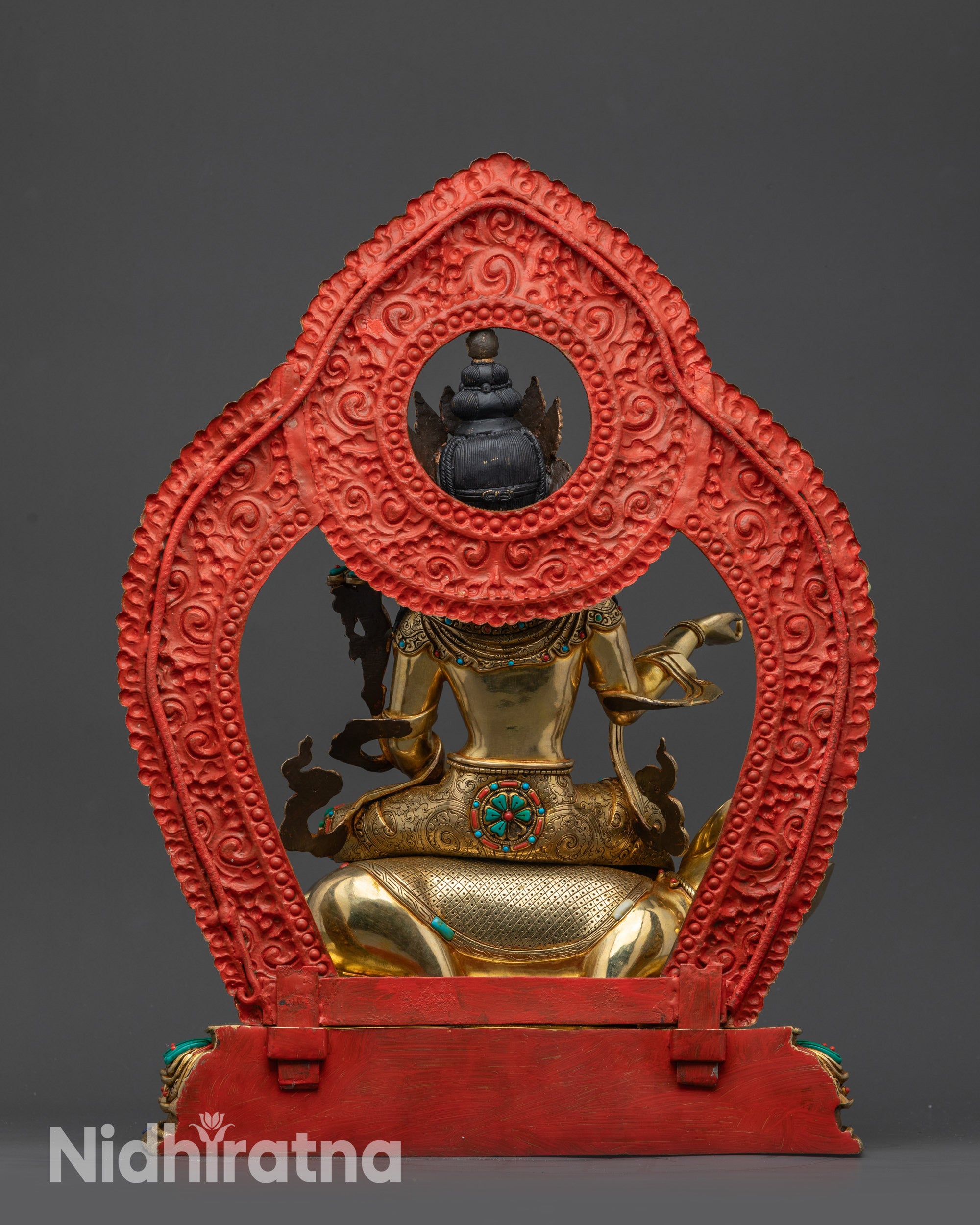 Back view Samantabhadra Bodhisattva intricate robe carvings semi-precious halo