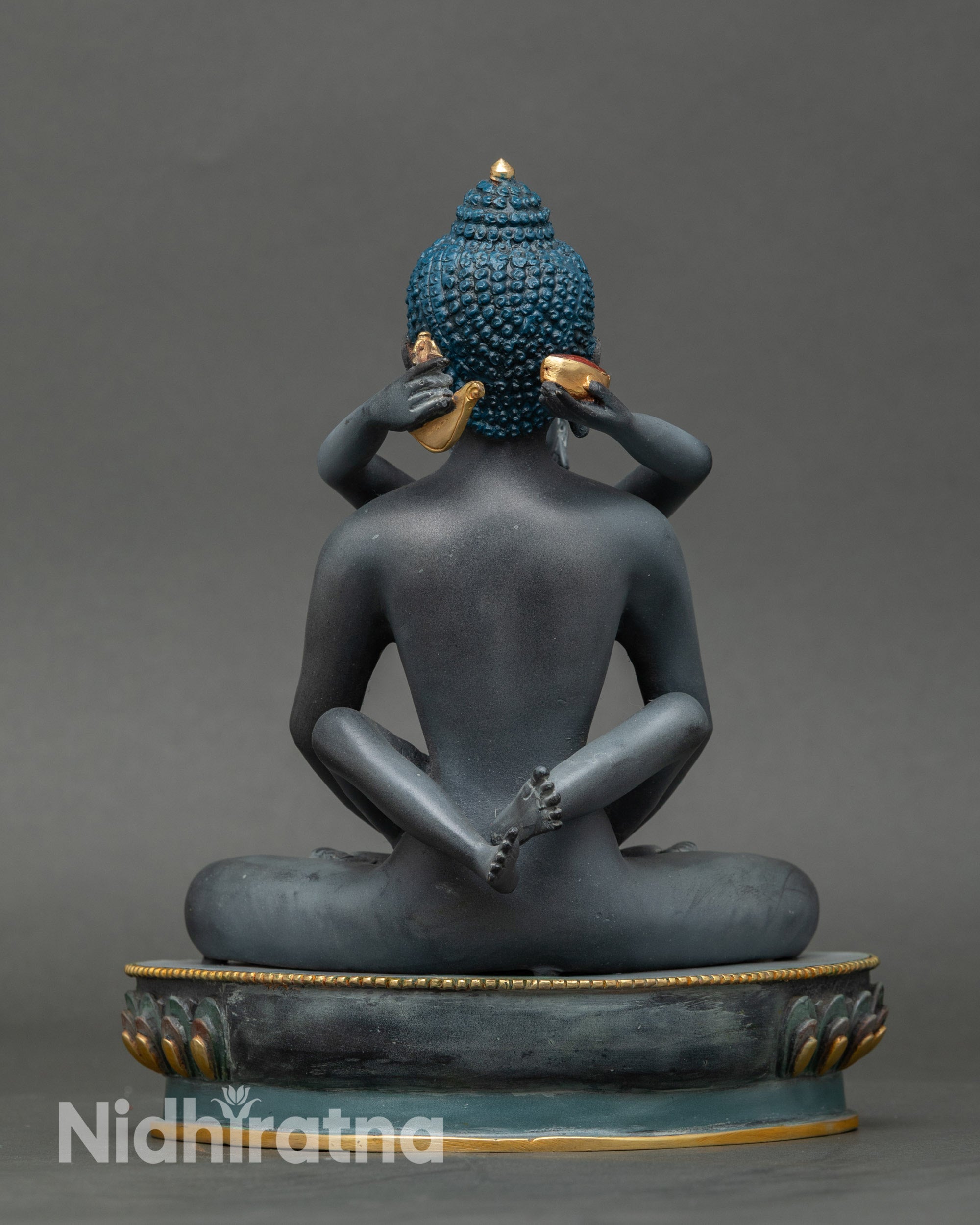 Back view Samantabhadra and Consort statue, vajra posture, intricate carvings, sacred décor