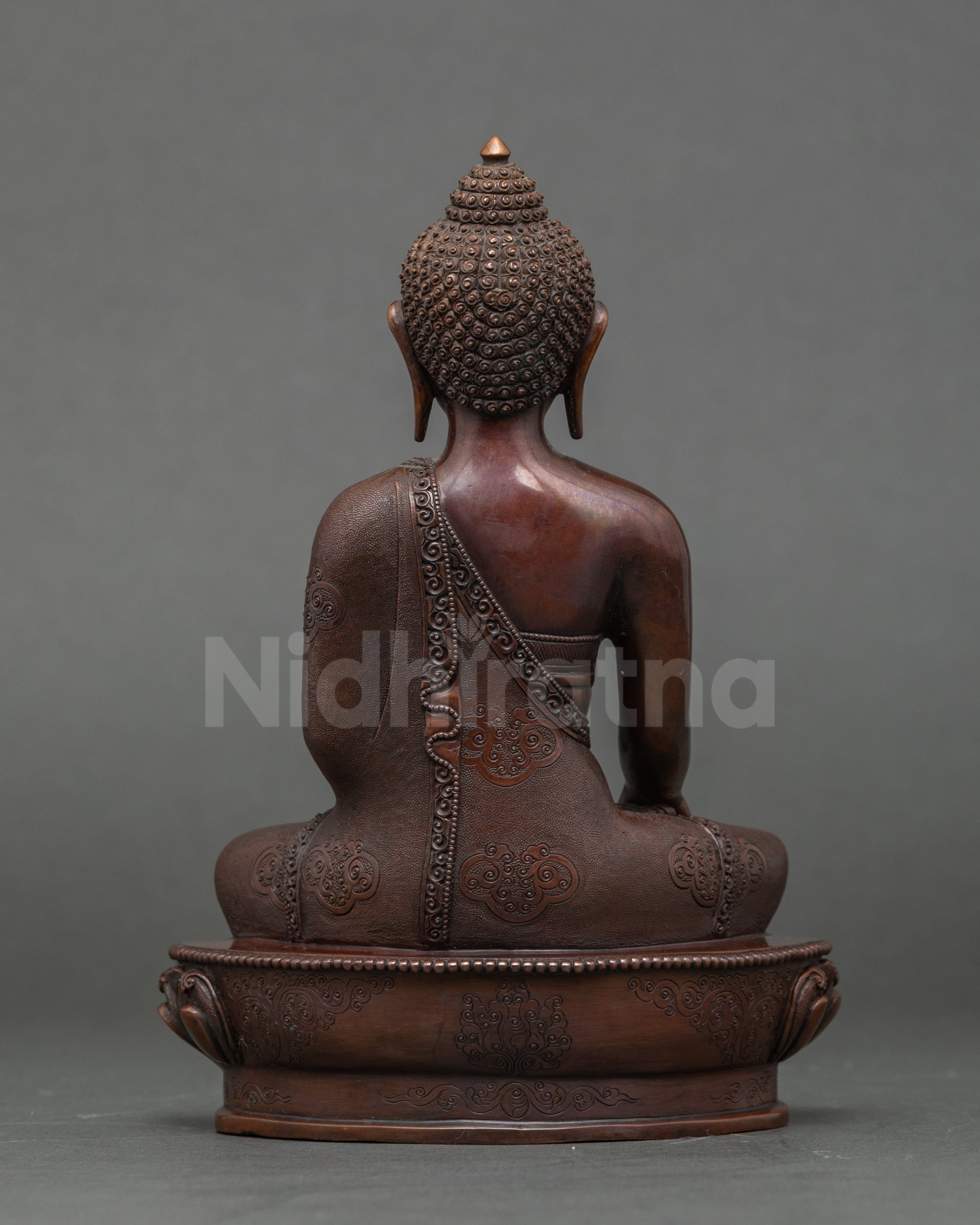Back view Shakyamuni Buddha sculpture, full oxidized copper
