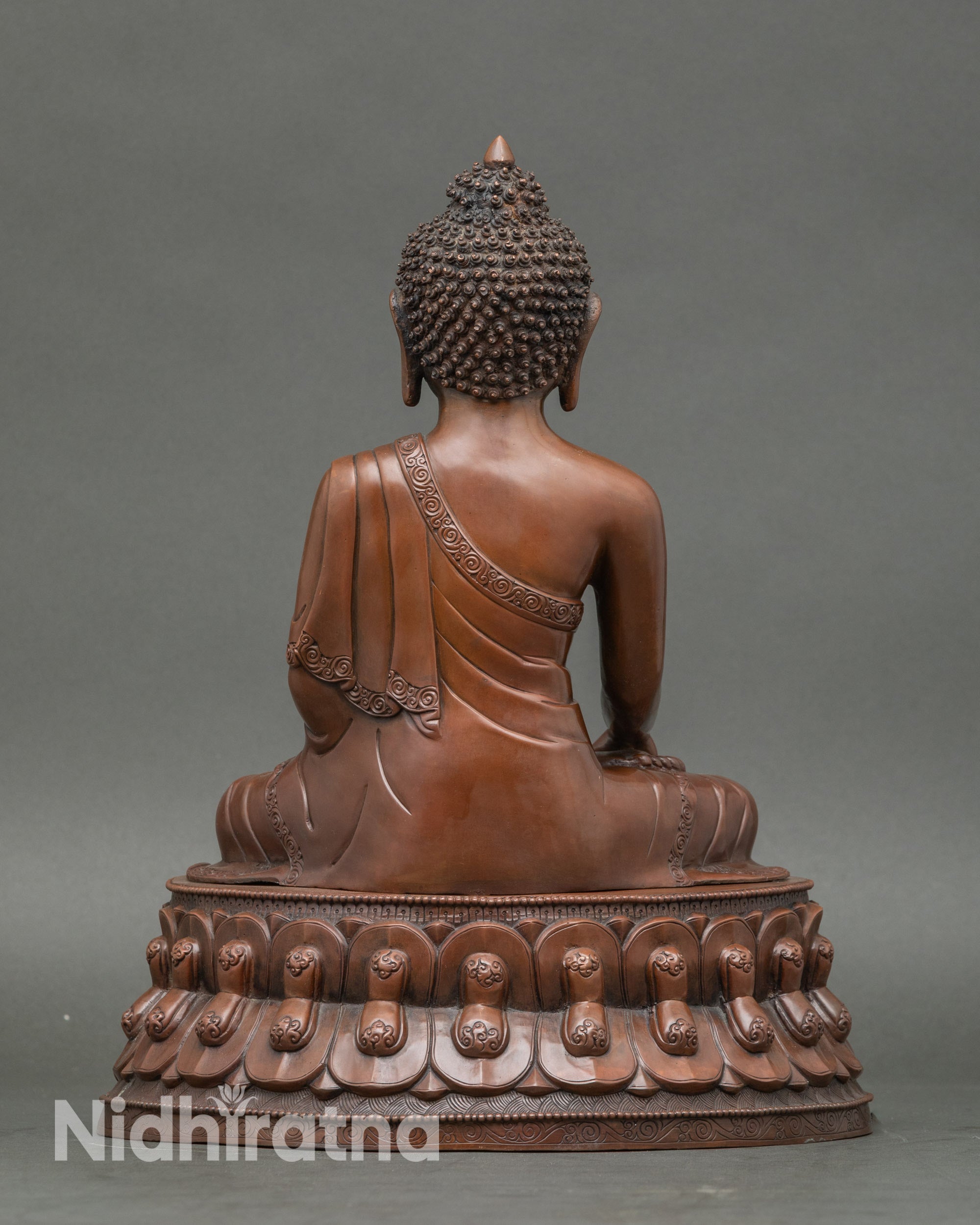 Back view Shakyamuni Buddha statue handmade by Newari artisan oxidized Buddhist sculpture