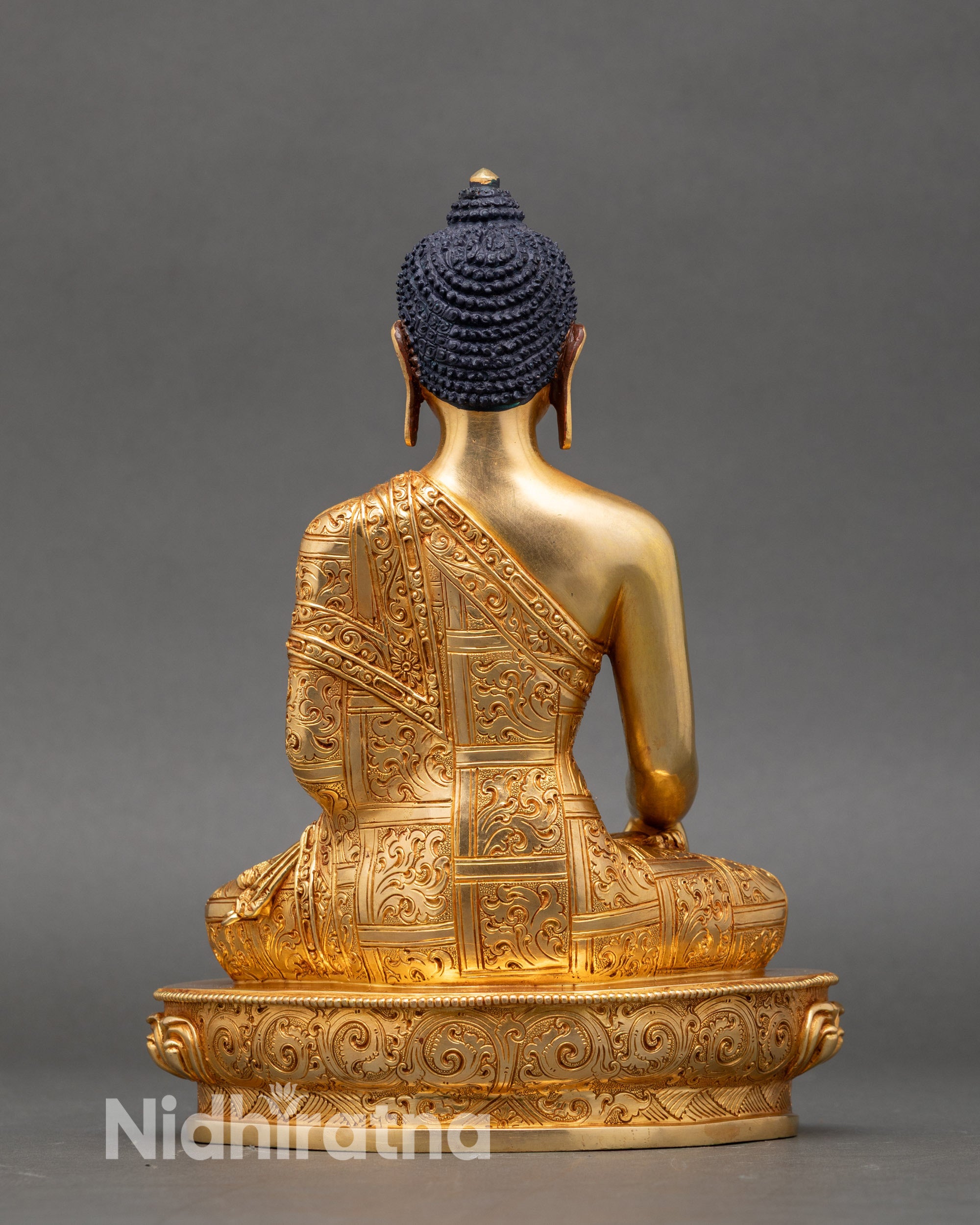 Back view Shakyamuni Buddha statue lotus throne detailed Himalayan craftsmanship