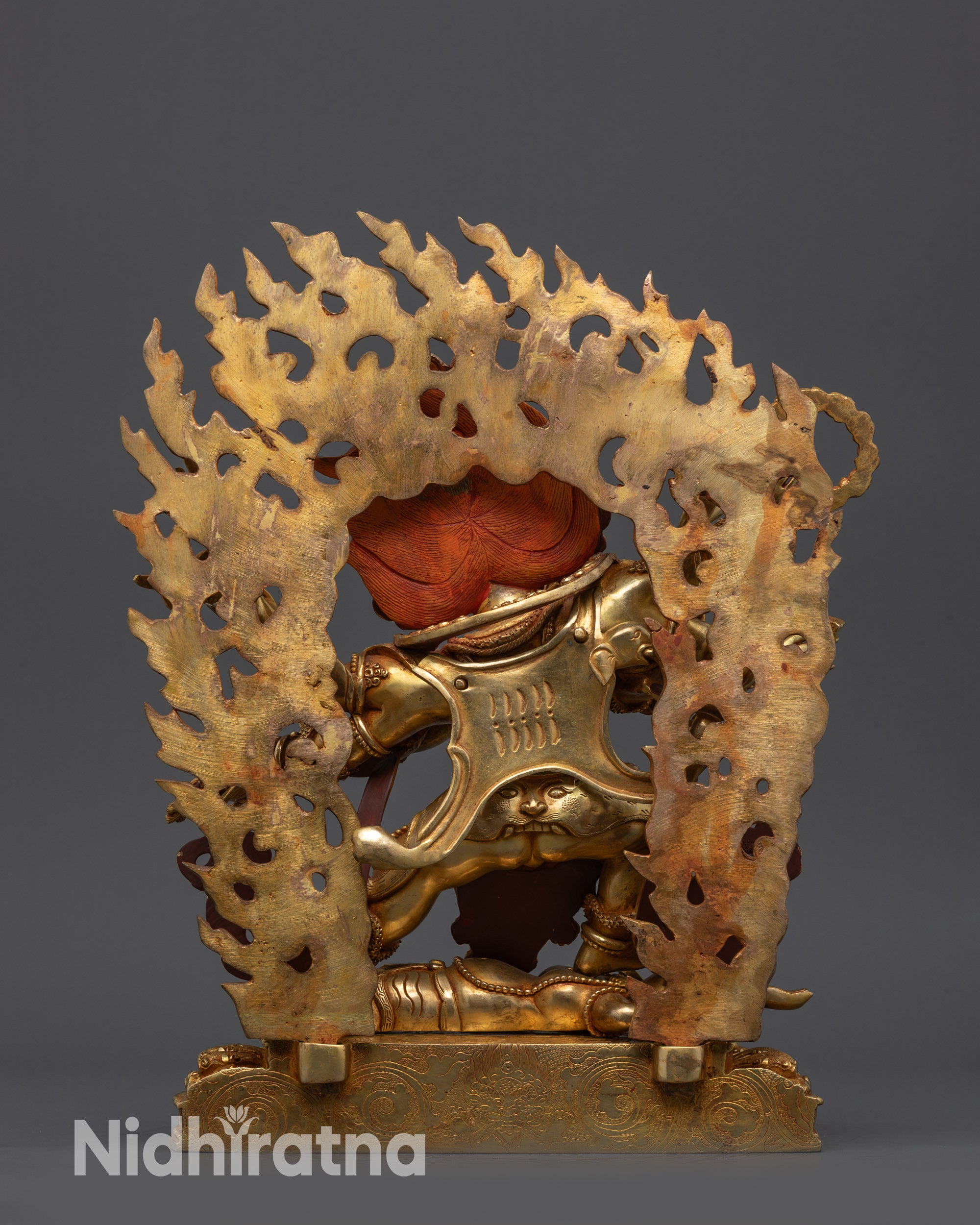 Back view Six-Armed Mahakala Statue with halo of blazing wisdom flame