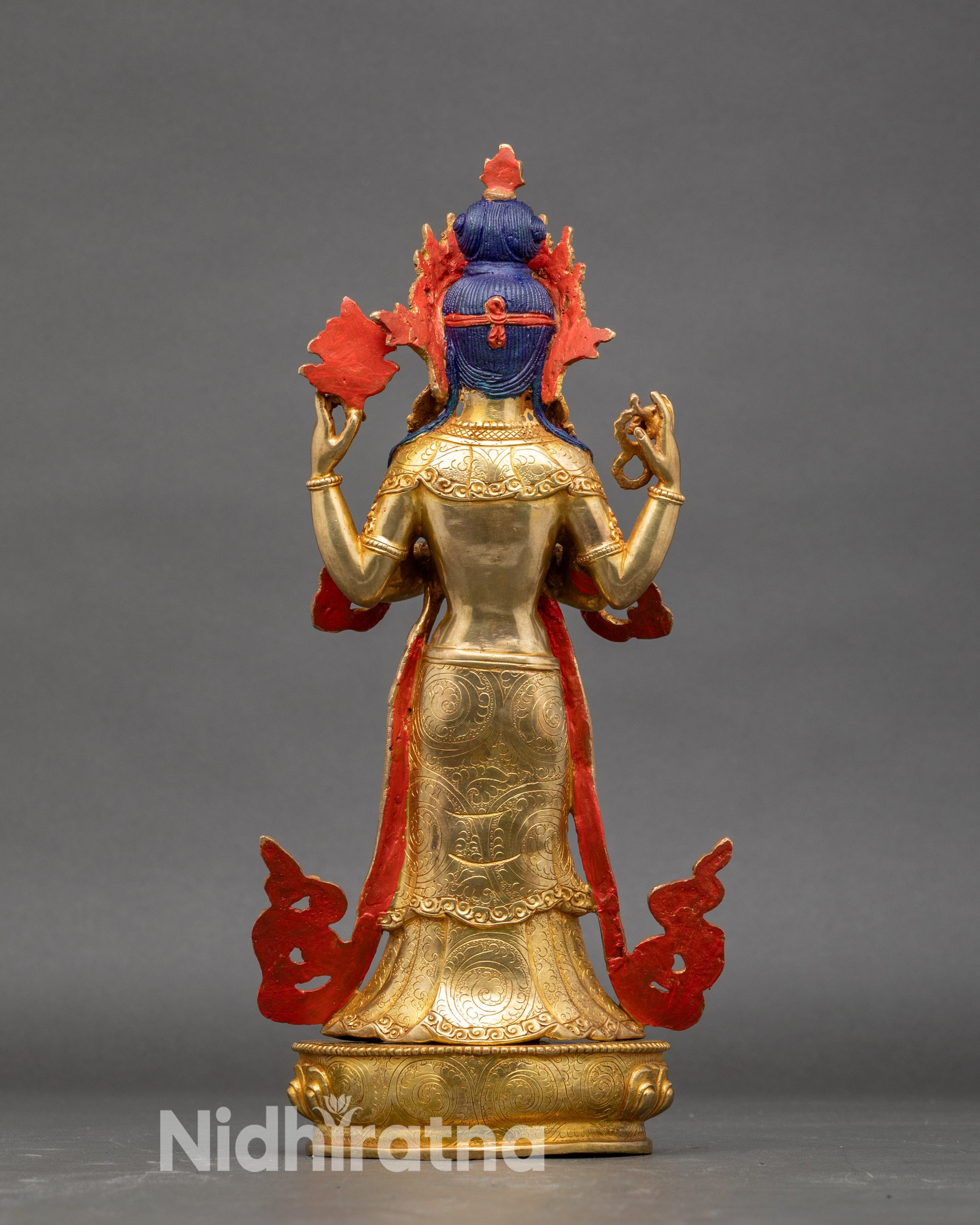 Back view Standing Chenrezig intricate floral and motif carvings Nepalese art