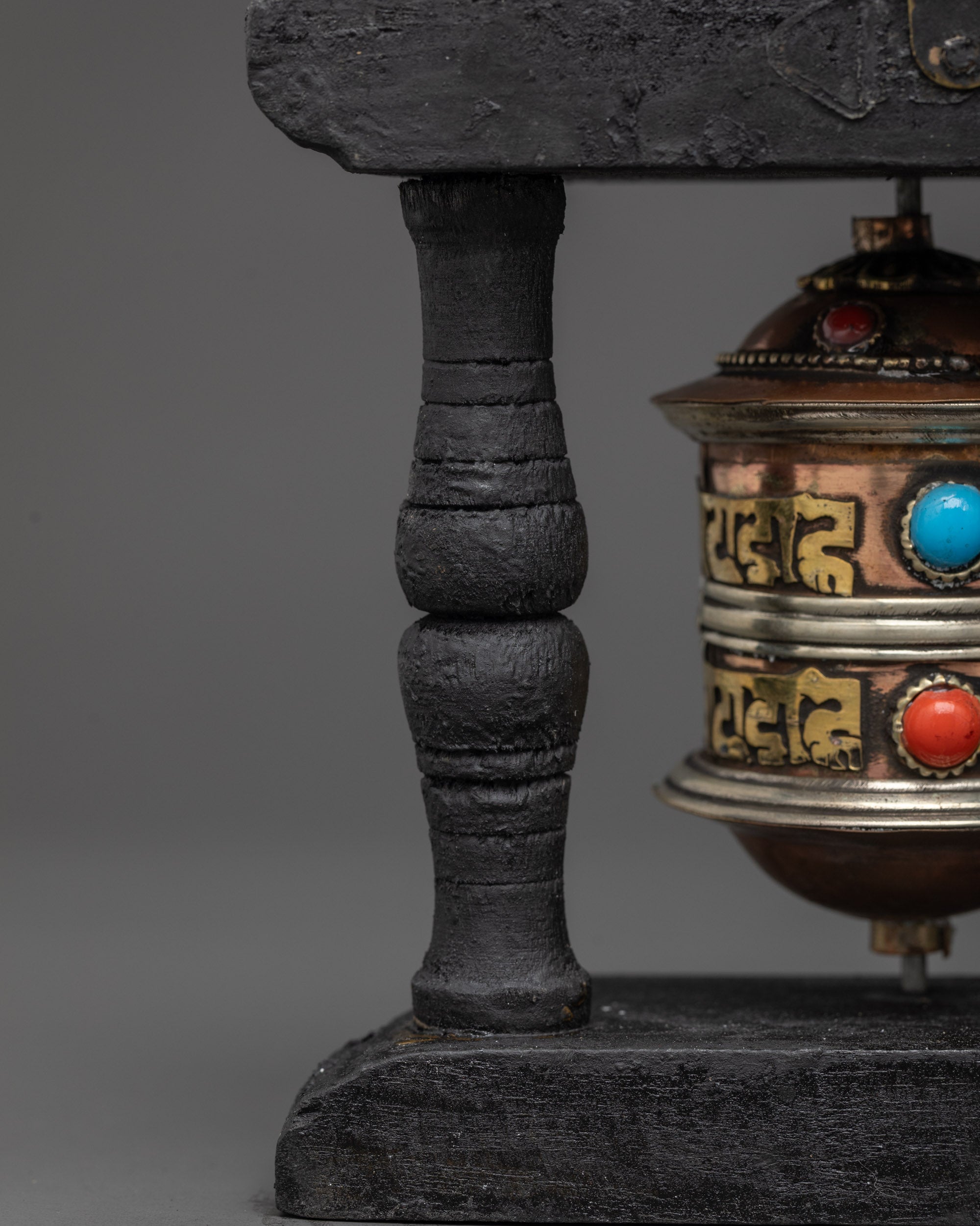 Back view Tibetan prayer wheel decor from Nepal handcrafted by Himalayan Buddhist artisans