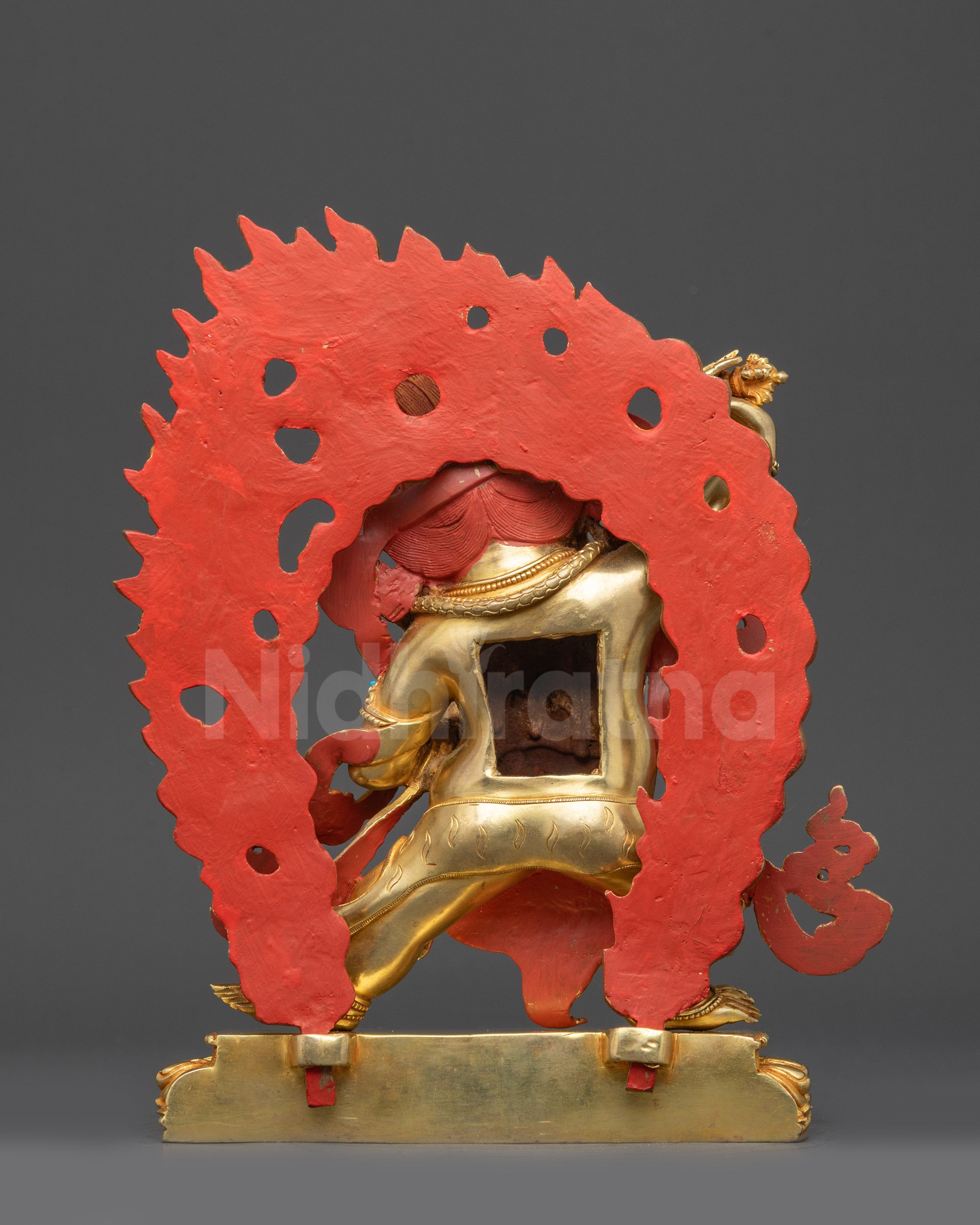 Back view Vajrapani Statue fire-gilded halo lotus base intricate robe details