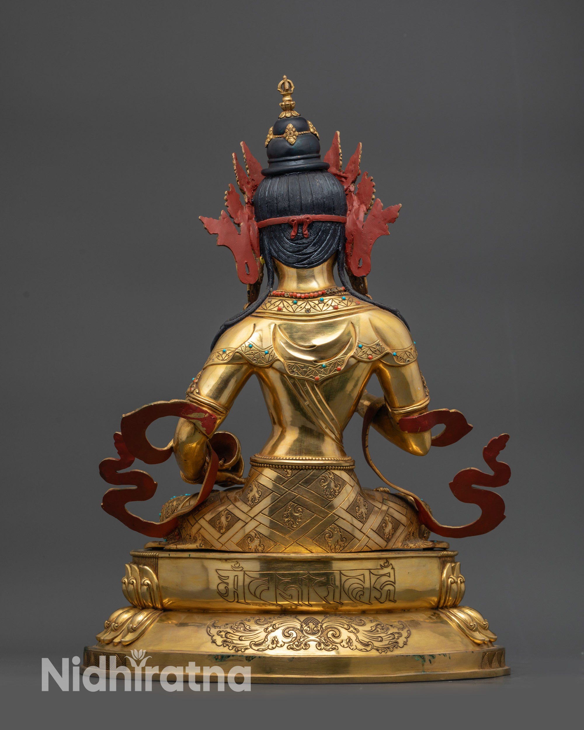 Back view Vajrasattva Buddha statue engraved Om-Vajra-Sattva-Hum mantra carved on lotus seat