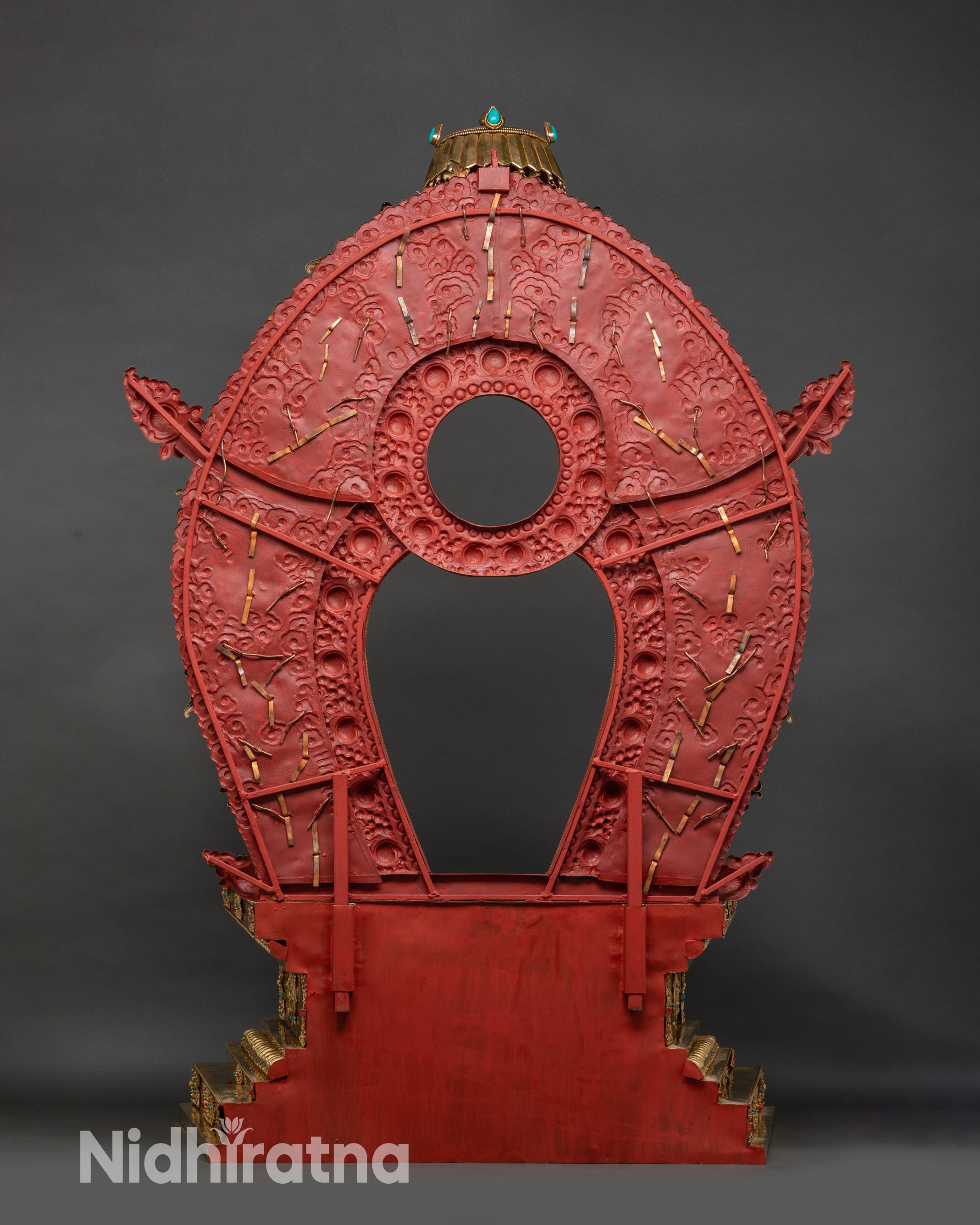 Back view Vajrayana throne carved halo and stepped tiers with ornate detailing