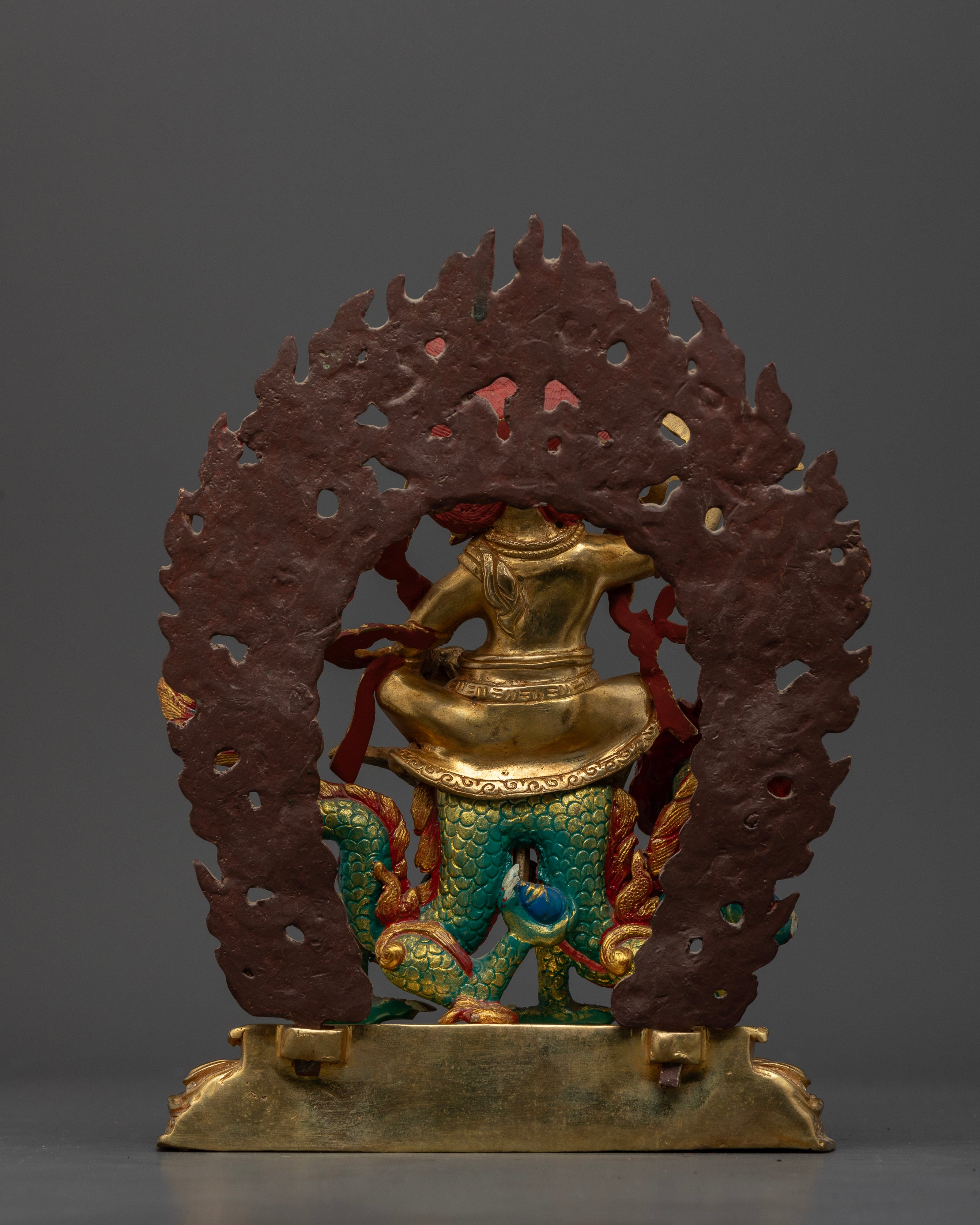 Back view White Dzambhala copper statue gold-gilded halo Himalayan craftsmanship