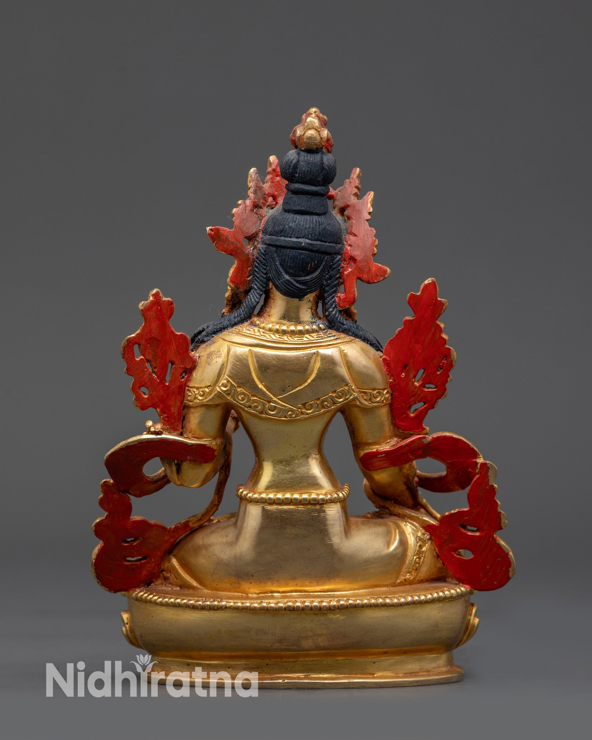 Back view White Tara Buddhist figurine gold fire-gilded copper craftsmanship visible