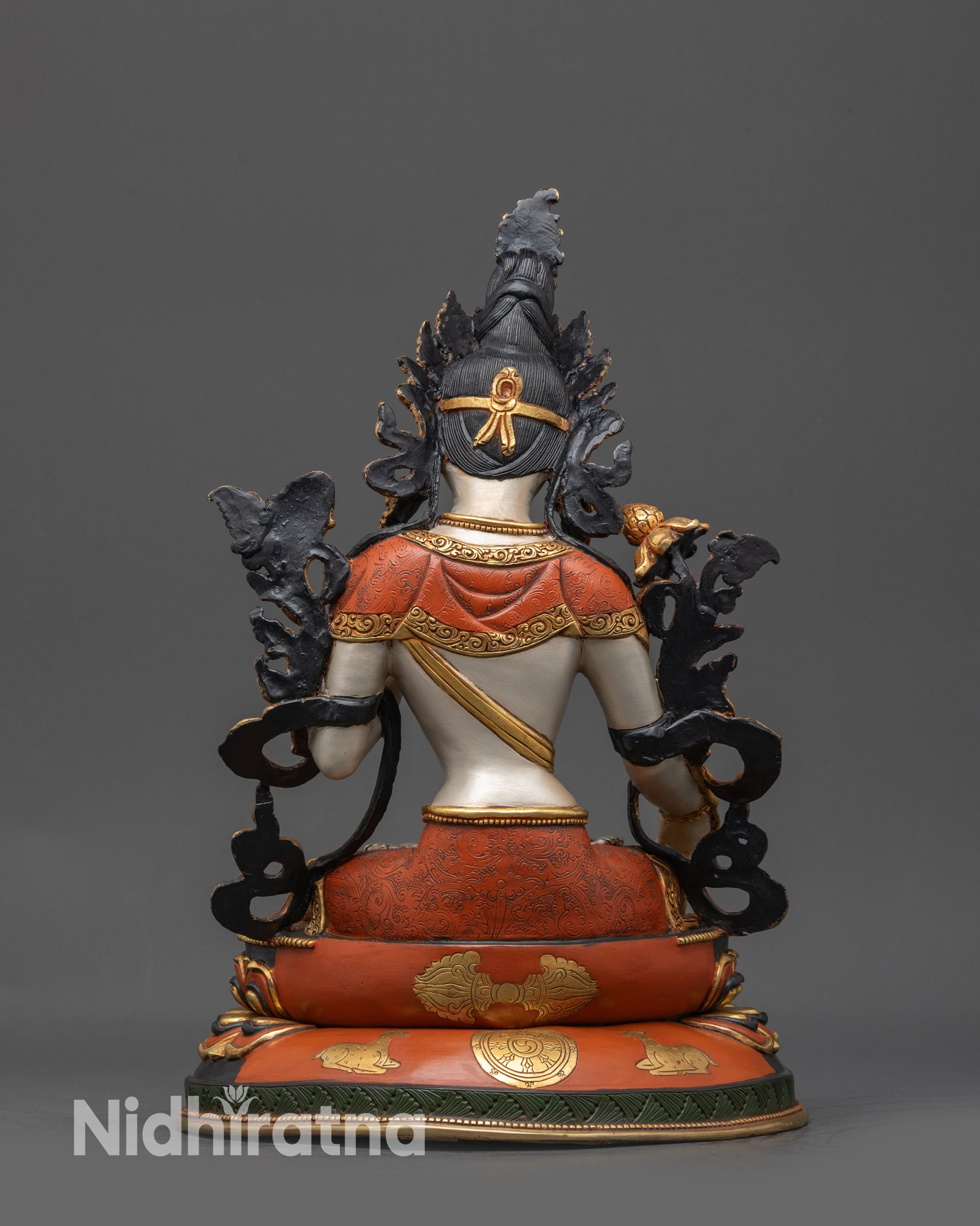 Back view White Tara statue showing double-lotus seat and detailed jewelry