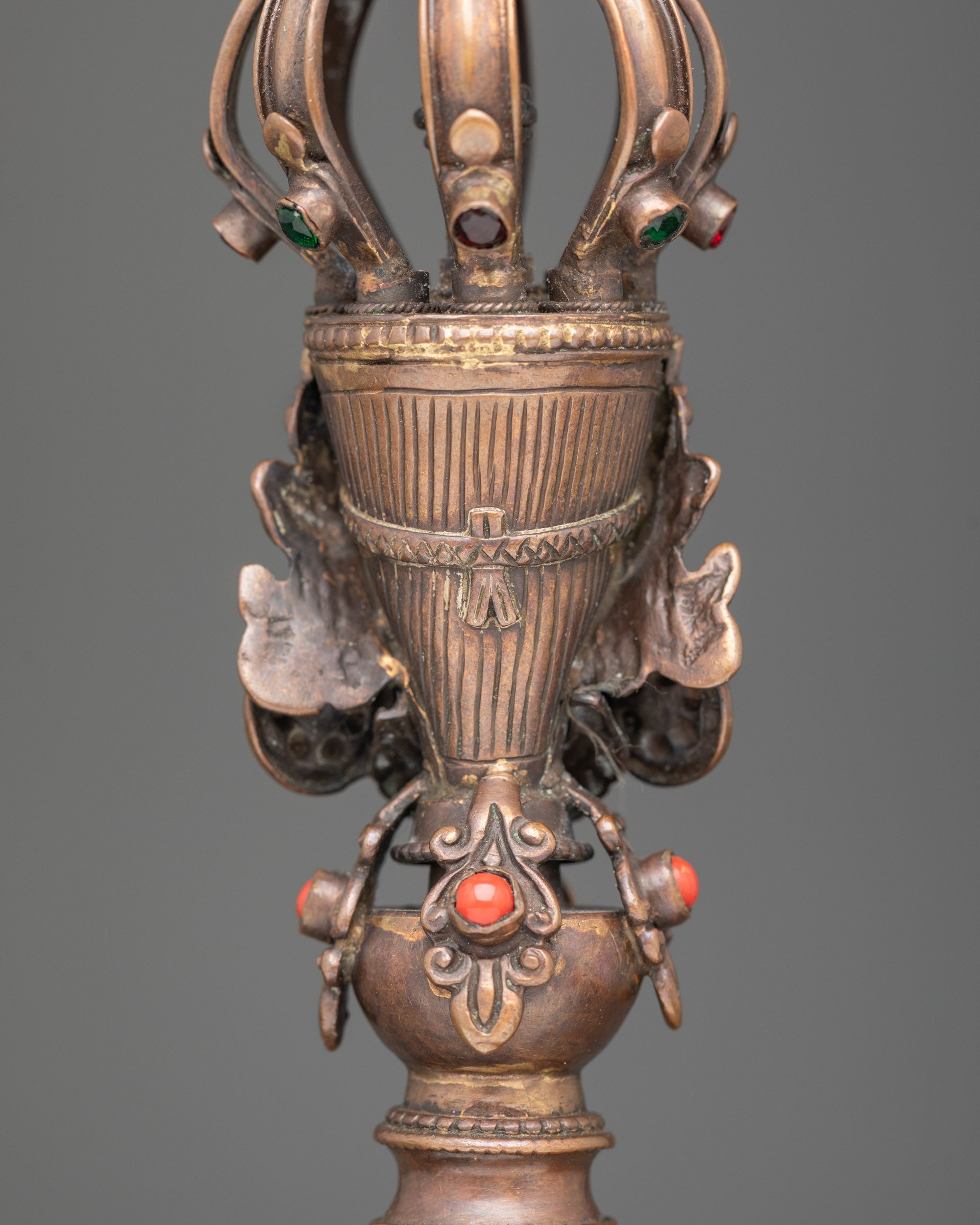 Back view bronze bell and oxidized copper Vajra, sacred Himalayan tools for puja and altars