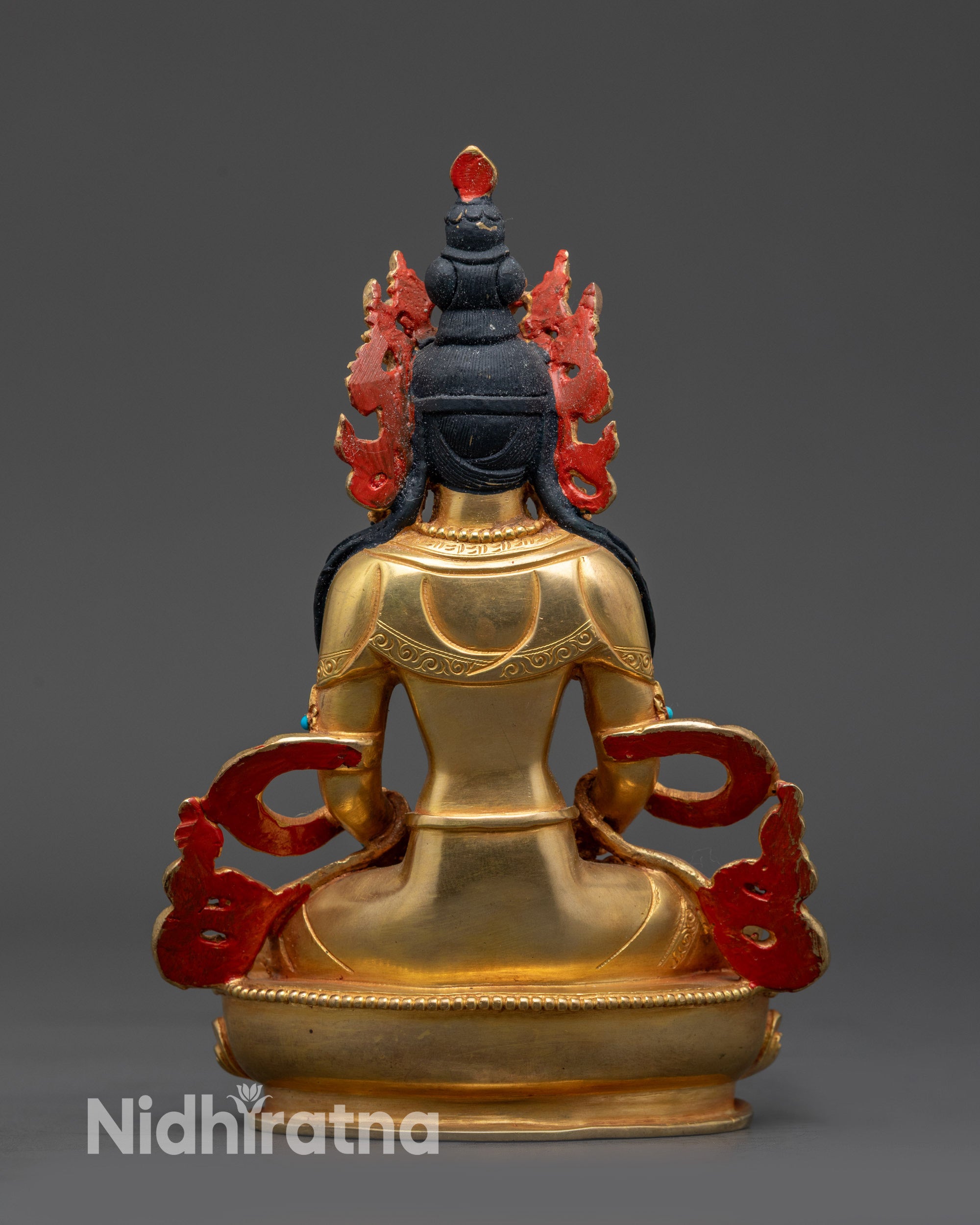 Back view gold fire-gilded Amitayus statue in copper alloy with refined Himalayan craftsmanship