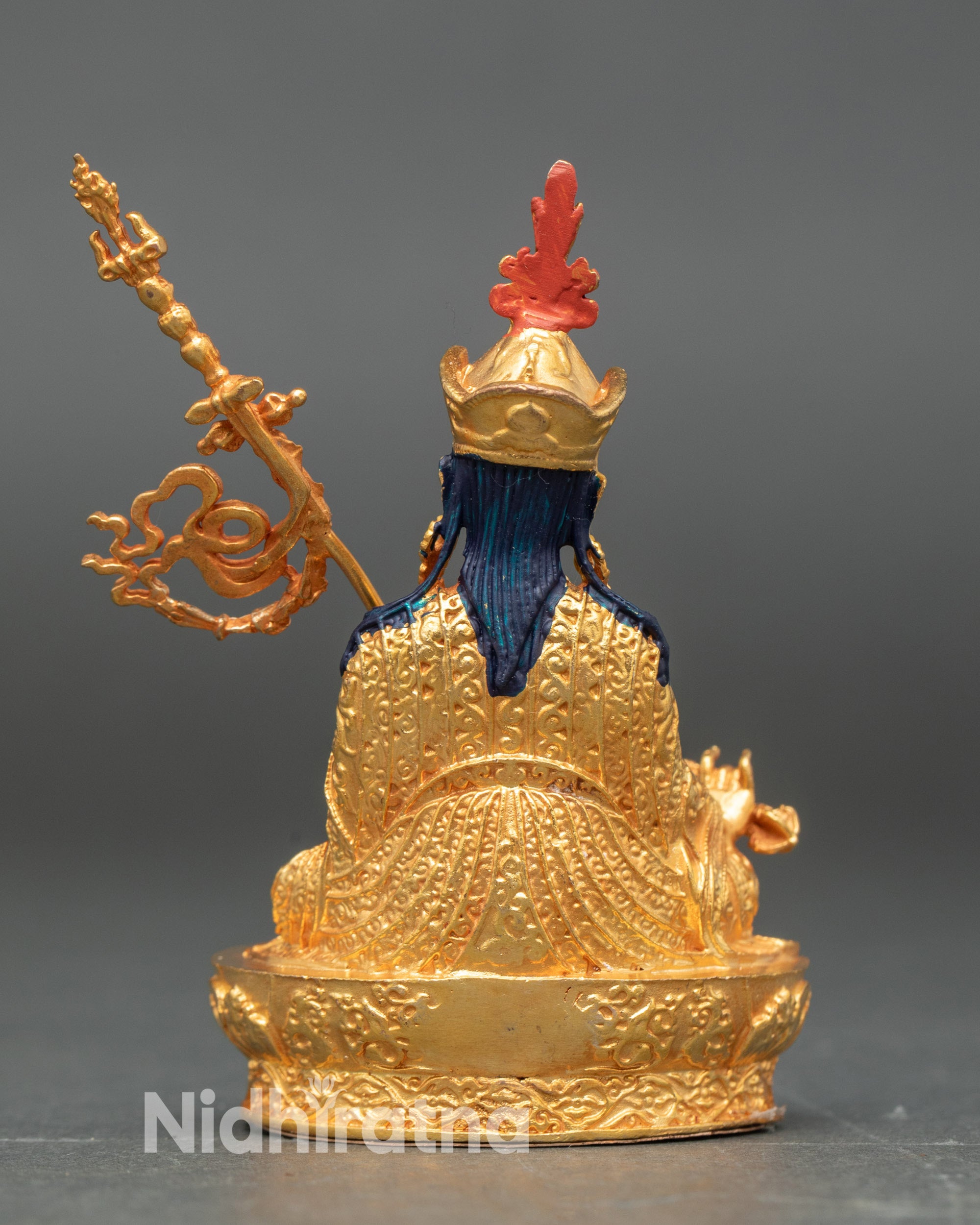 Back view gold fire-gilded Guru Rinpoche handcrafted Himalayan statue