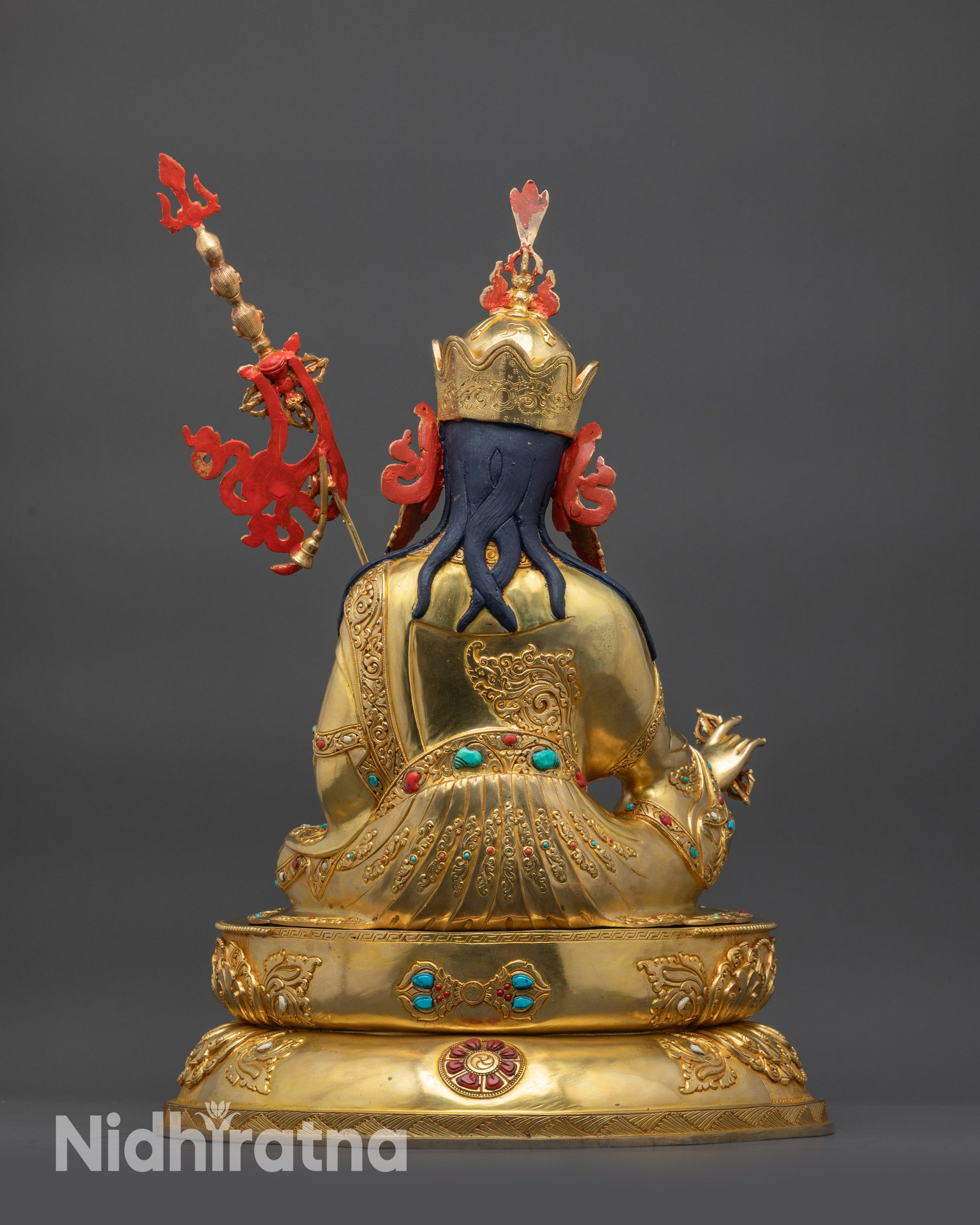 Back view hand-carved lotus base of Guru Rinpoche Tibetan Buddhist altar statue