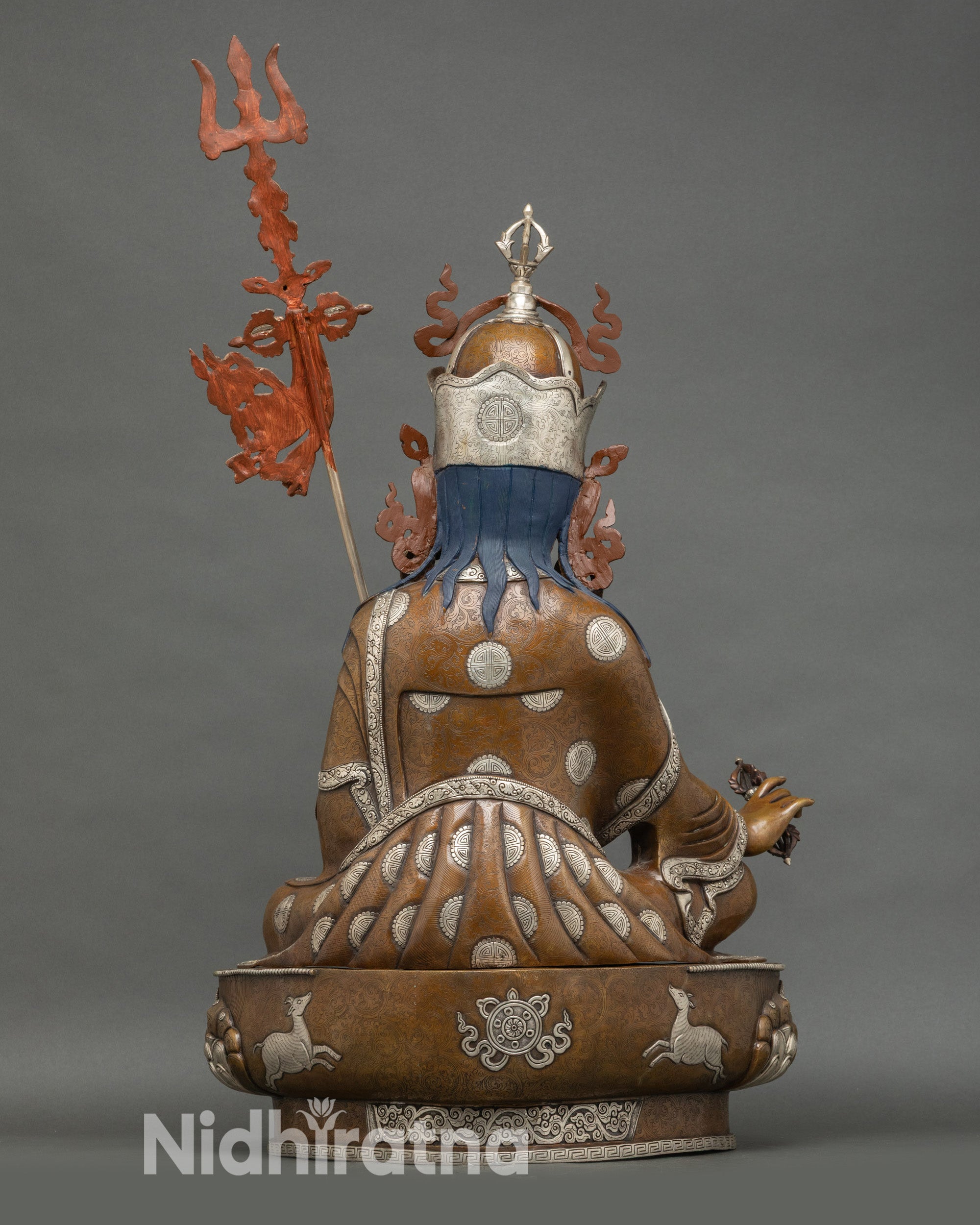 Back view life-size Guru Rinpoche statue, oxidized copper craftsmanship, Newari Buddhist art
