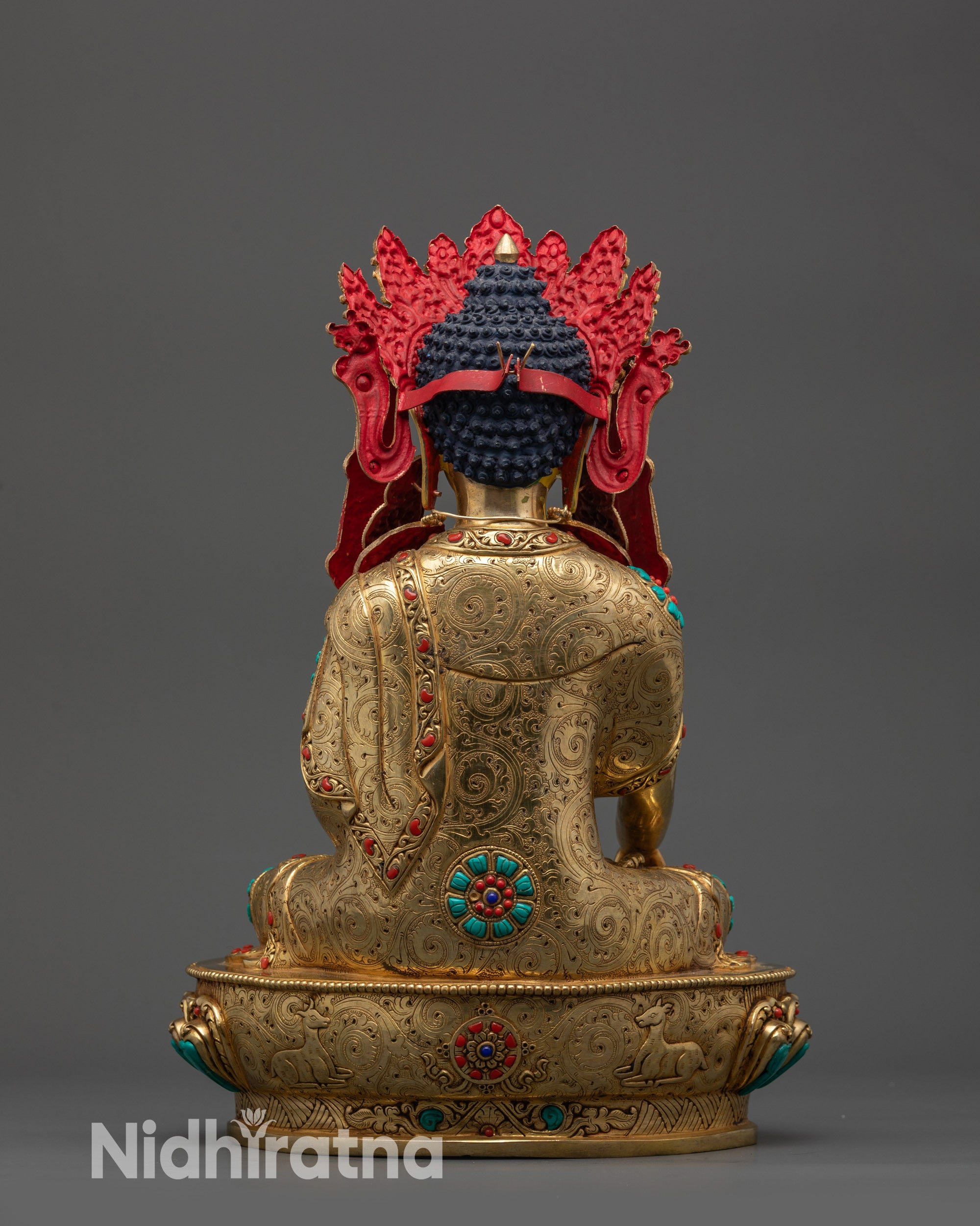 Back view lotus seat with carved deer and Dharma wheel of Jowo Rinpoche statue
