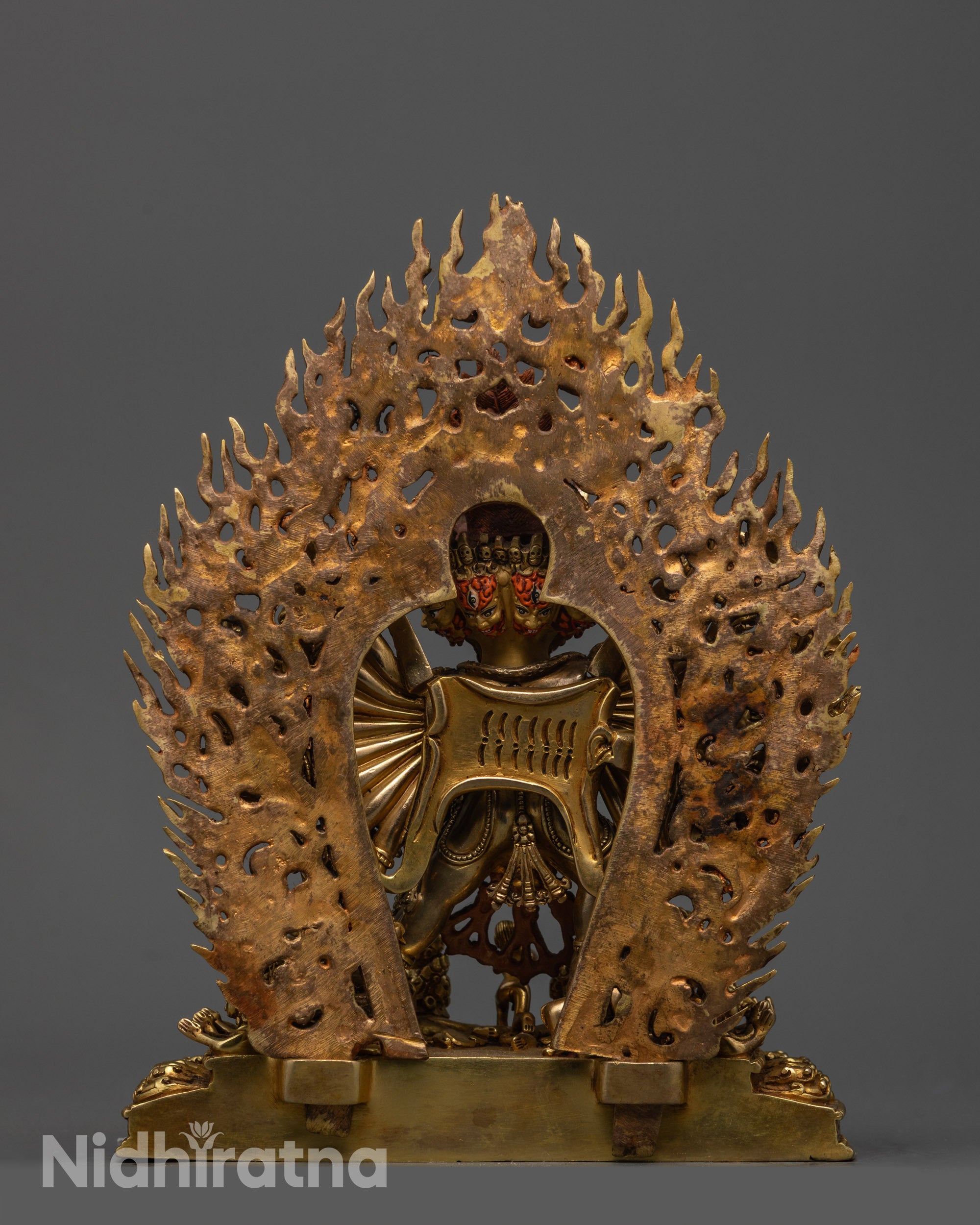 Back view of 24k gold-gilded Yamantaka statue from Nepal symbolizing protection