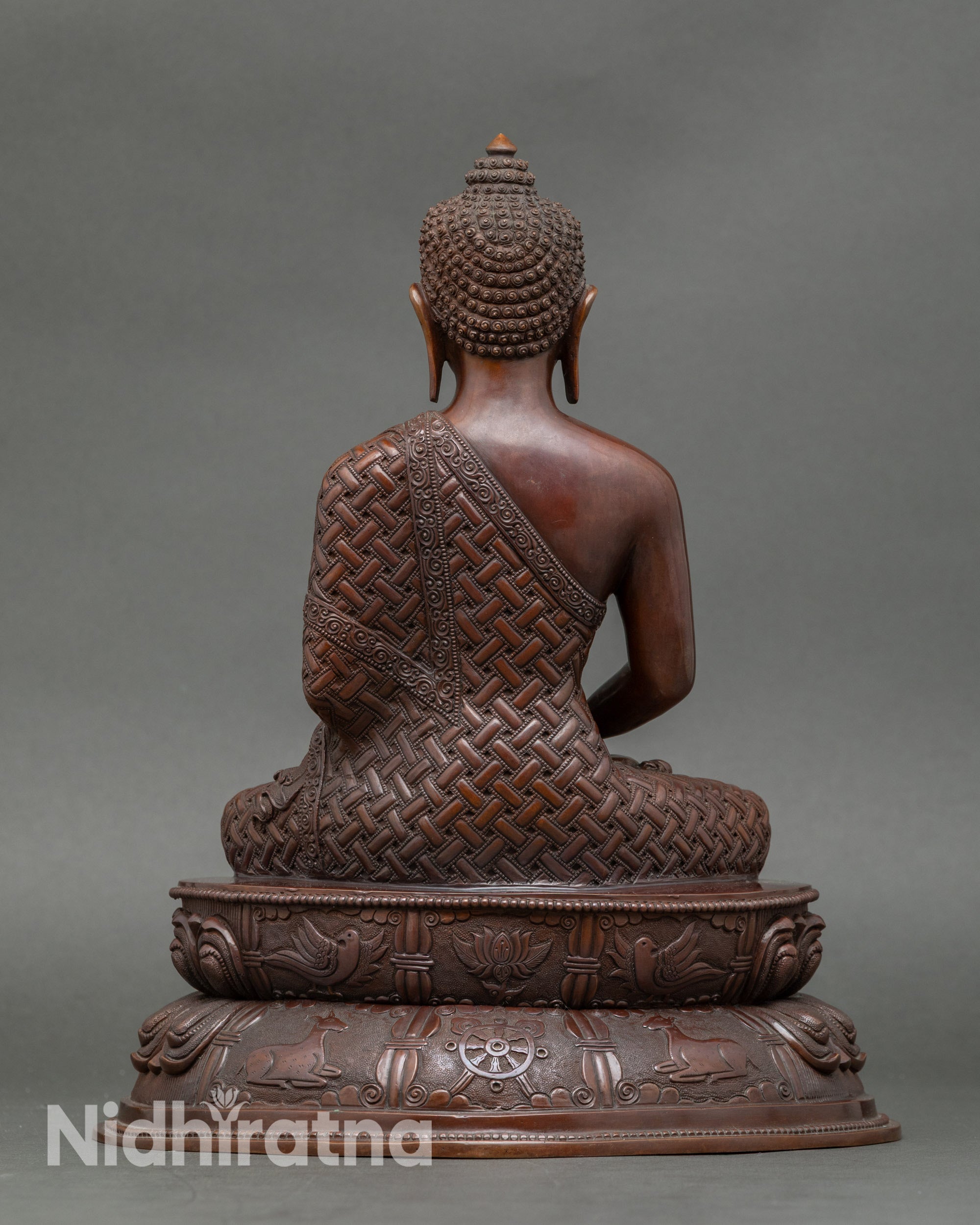 Back view of Amitabha Buddha sculpture, handcrafted copper meditation statue for home altar